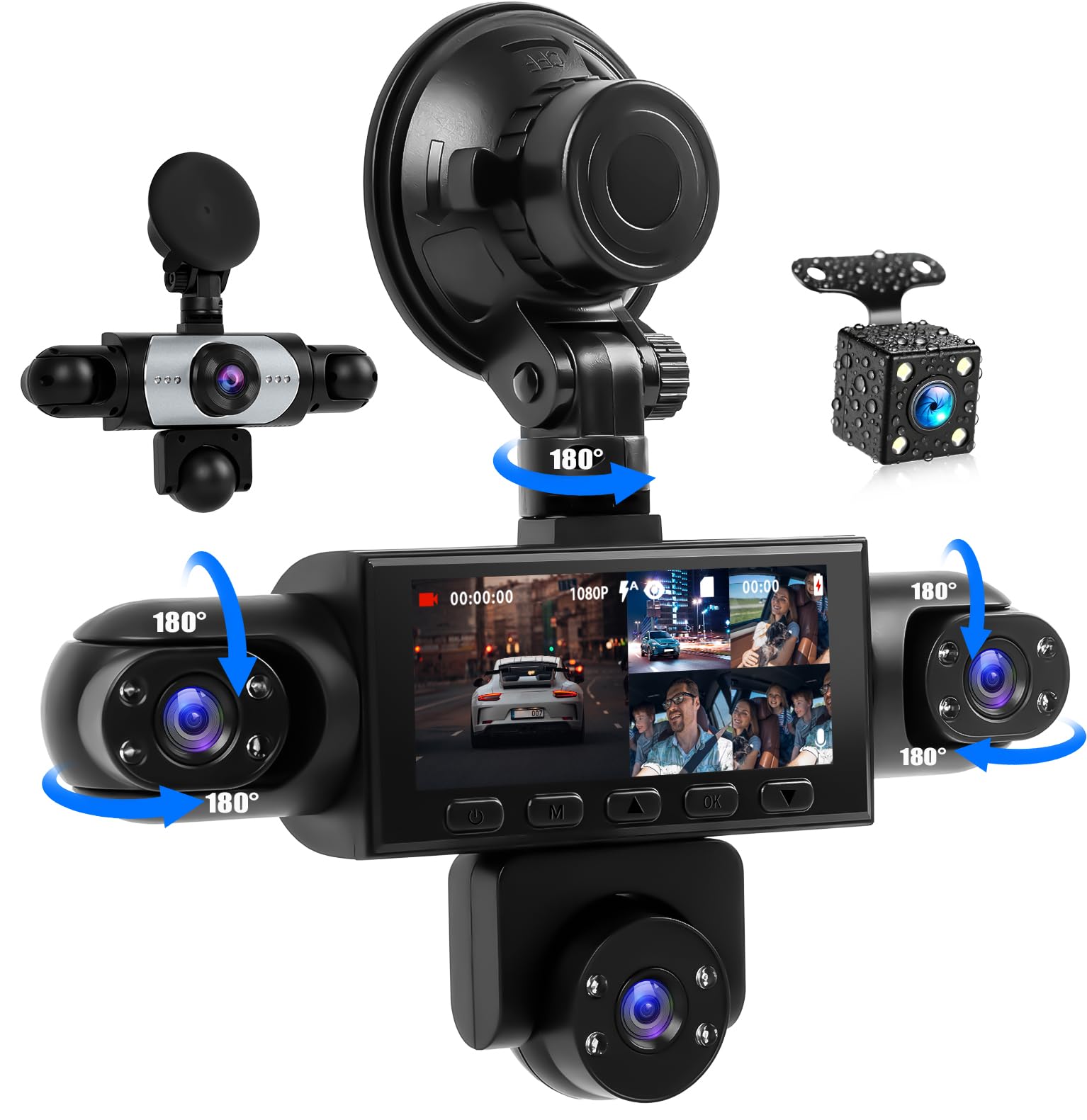 Cámara para Salpicadero de 5 Canales y 1080p con Visión de 360°, (Delantera, Trasera, Izquierda, Derecha e Interior), con Visión Nocturna, Compensación de Exposición y Asistente de Aparcamiento