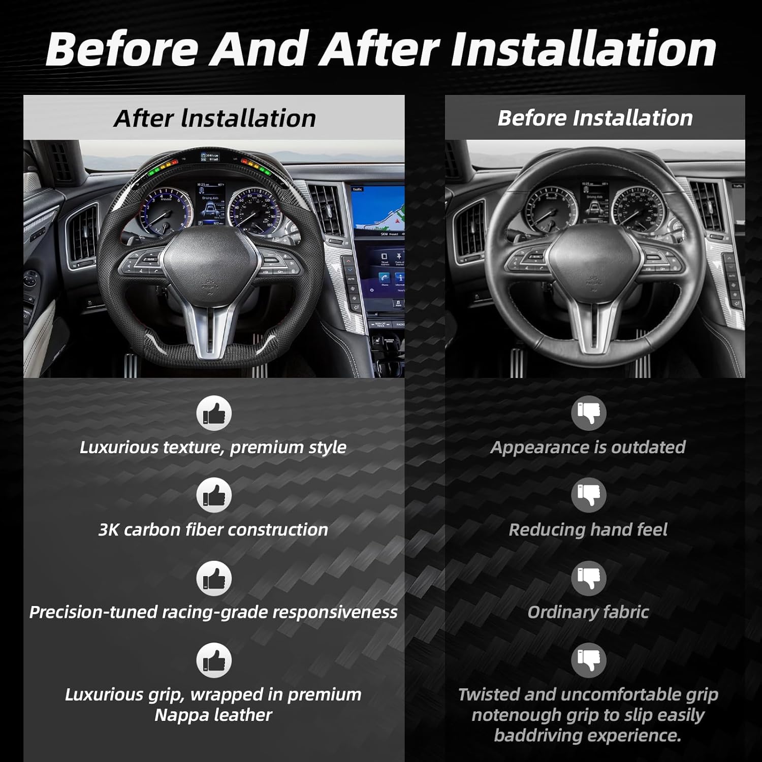 LED Carbon Fiber Steering Wheel for Infiniti 2017-2024 Q50 Q60 LED Display Indicator Perforated Leather Anti-Slip Steering Wheel for 2017-2024 QX50 QX60 with Paddle Holes