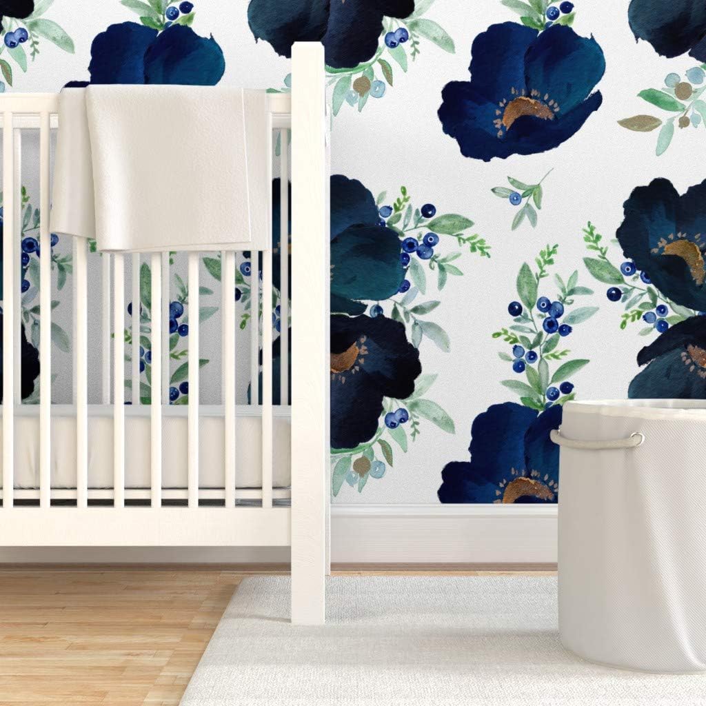 Peel & Stick Wallpaper 9ft x 2ft - Blueberry Blue Purple Gold Floral Flowers Large Print Decor Wedding Custom Removable Wallpaper by Spoonflower
