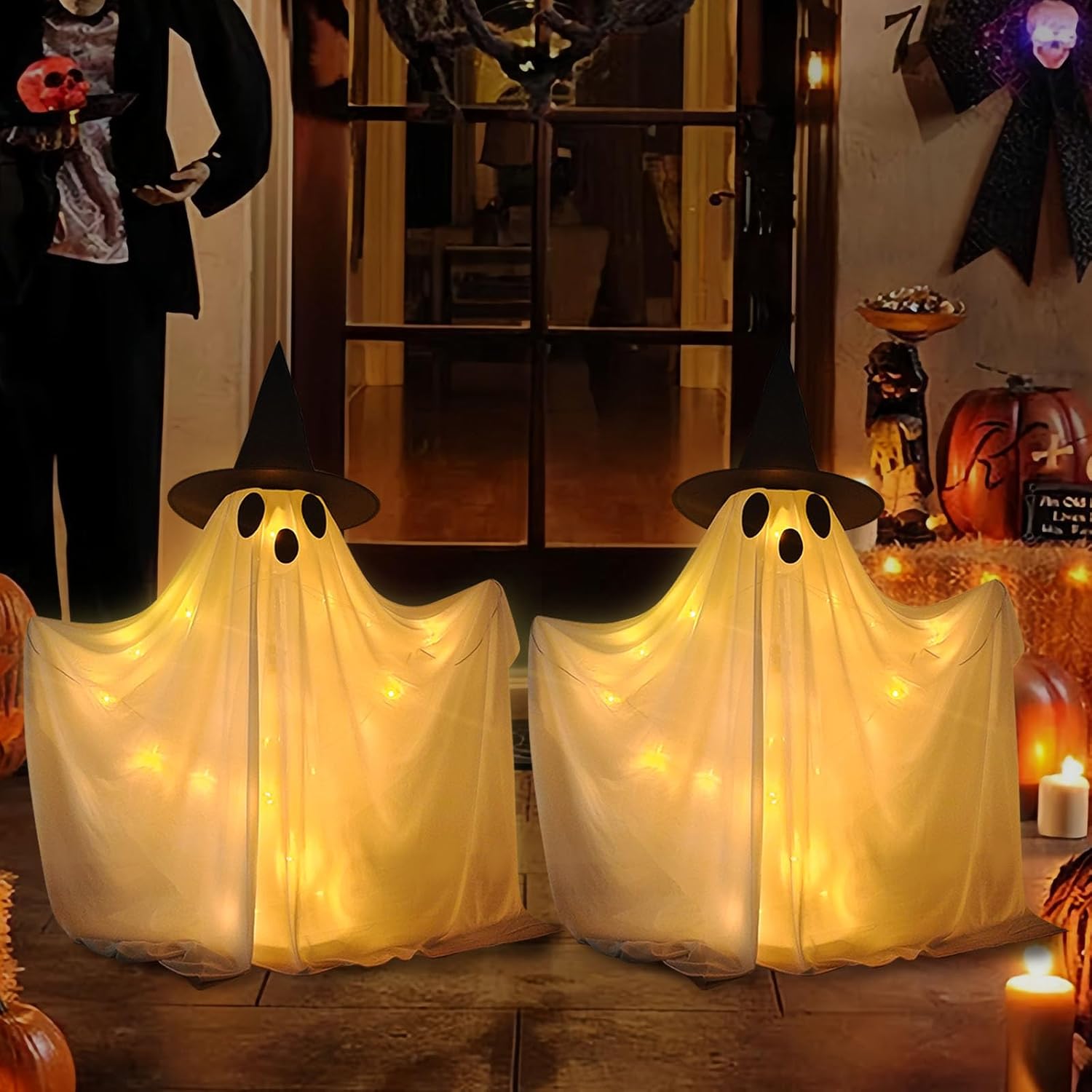 2Packs Halloween Decorations Outdoor, Cute Halloween Decorations Indoor, Spooky with LED Light Ghost Decorations for Front Porch Patio Patio Party and Garden Lawn (color2)