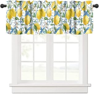 Hand Painted Lemon Drapery Curtains Watercolor Fruit Blue Tile Patterns Window Treatments for Bedroom Kitchen Living Room Office 54x18inch