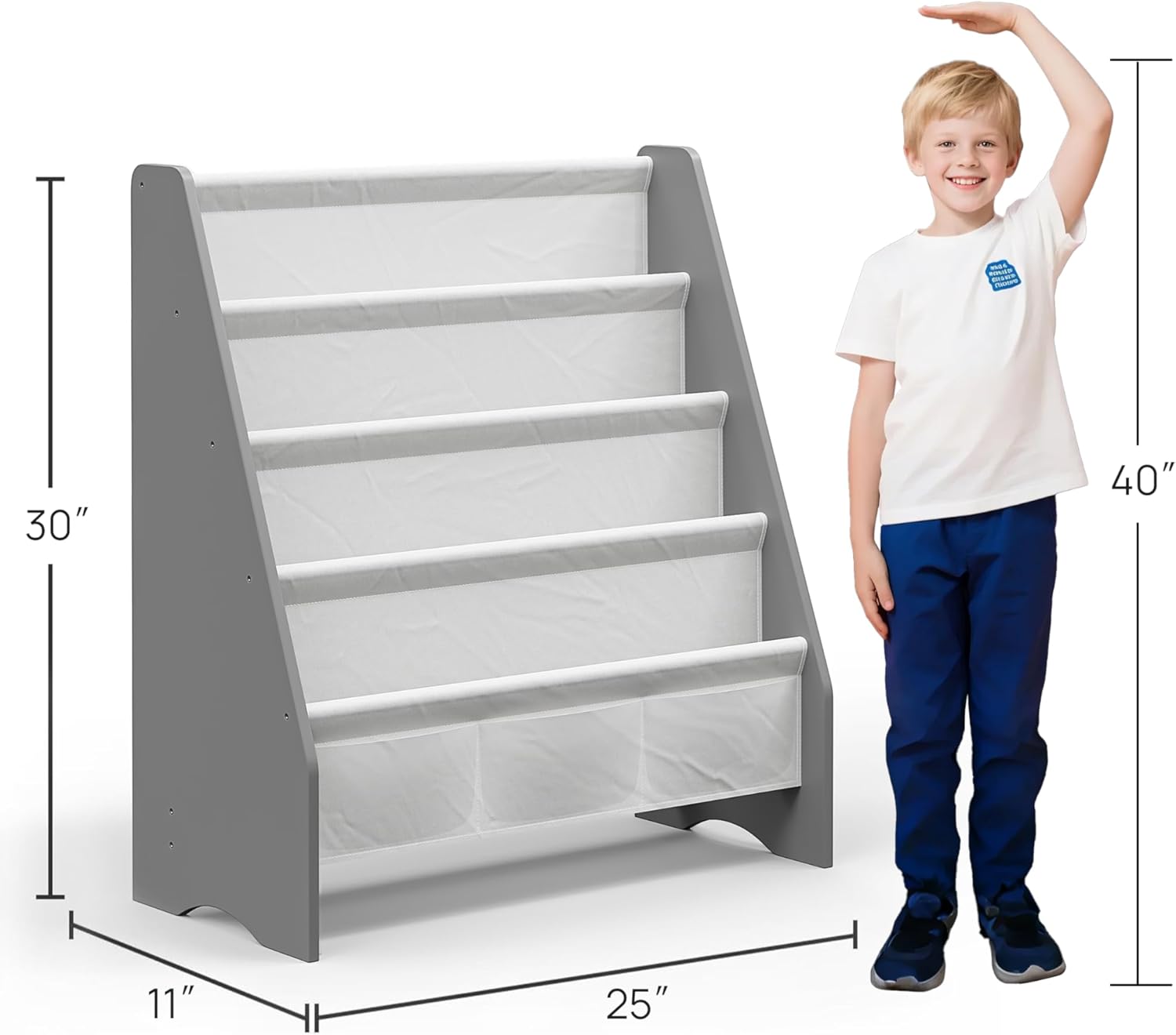 SEIRIONE Sturdy Kids Bookshelf,4-Tier Book Shelf for Kids Room with Tear-Proof Oxford Fabric-Nursery Room Playroom Classroom,Deep Slings to Keep Books Upright,Ideal Height for Toddler Age 3+, Grey