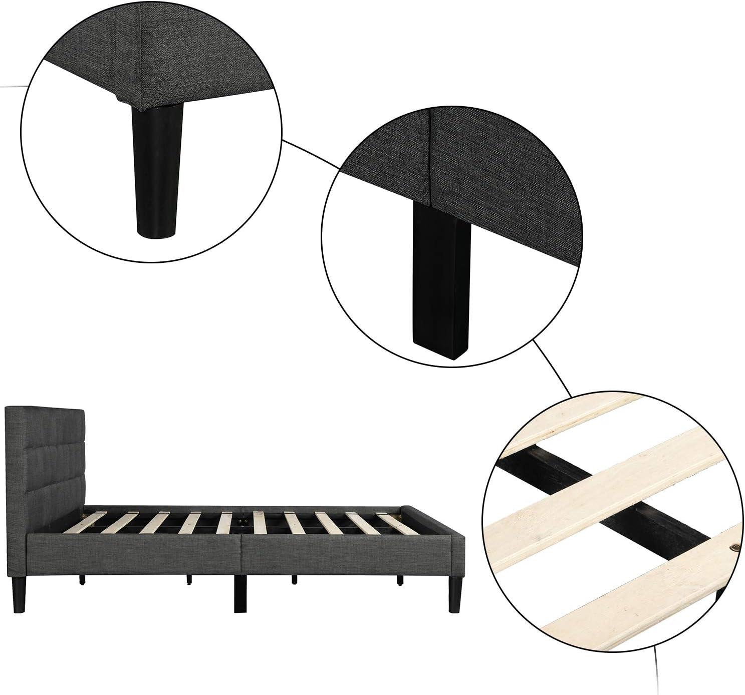 Harper & Bright Designs Queen Bed Frame, Upholstered Platform Bed with Headboard, Wood Slat Support, No Spring Needed, Grey