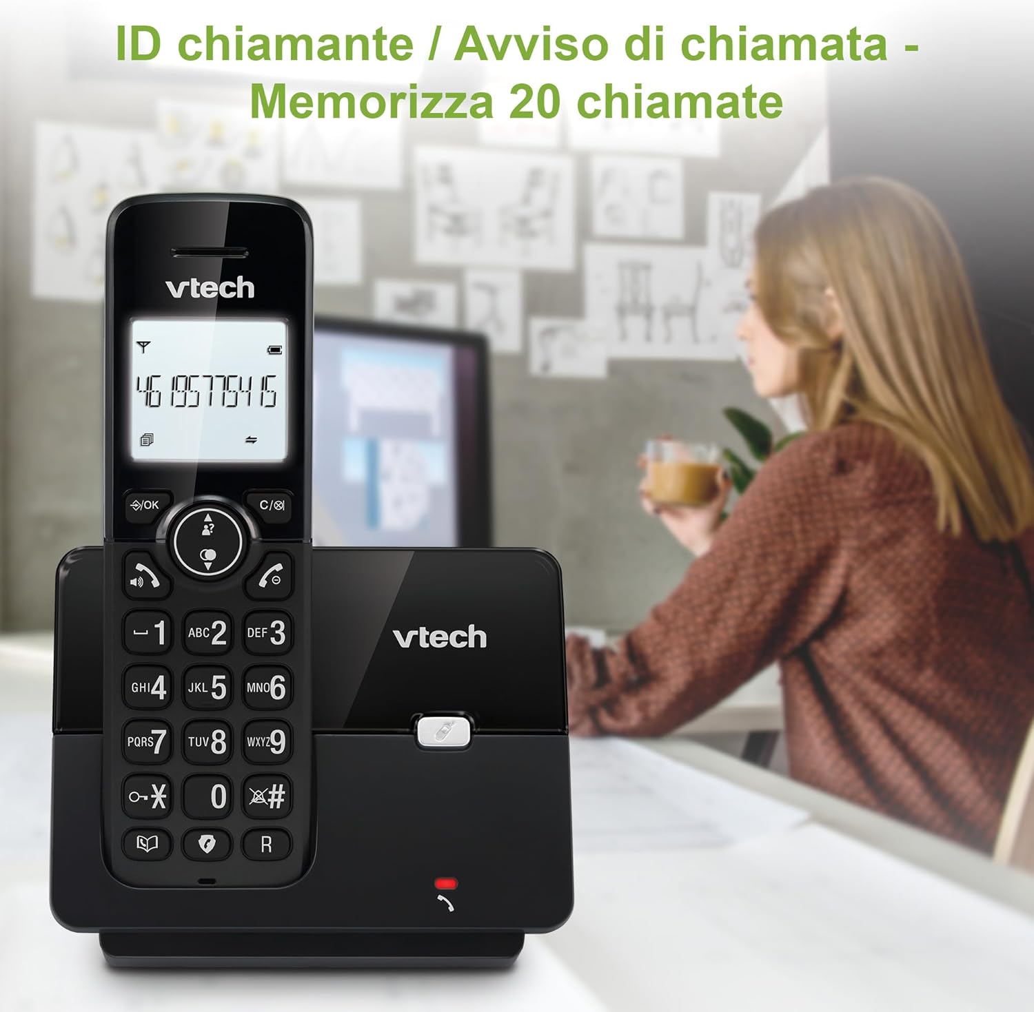 Telefon VTech CS2000 wyświetlający na ekranie identyfikator dzwoniącego