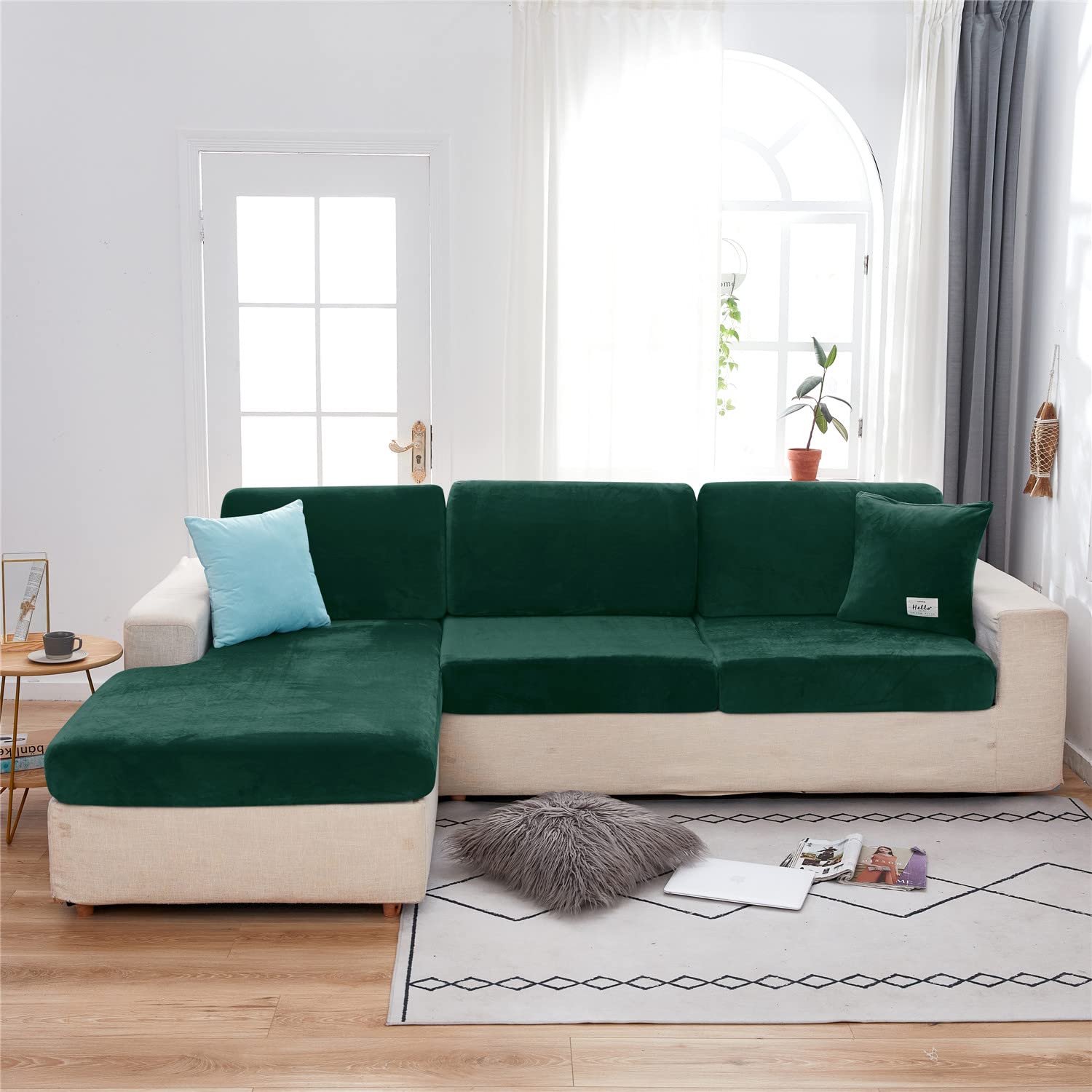 KYJSW Sofa Slipcovers Sofa Cover Polyester Velvet Fabric Stretch Non-slip Washable Seat Covers Independent Replacement Sofa Cushion Covers (Dark green,Chaise longue)