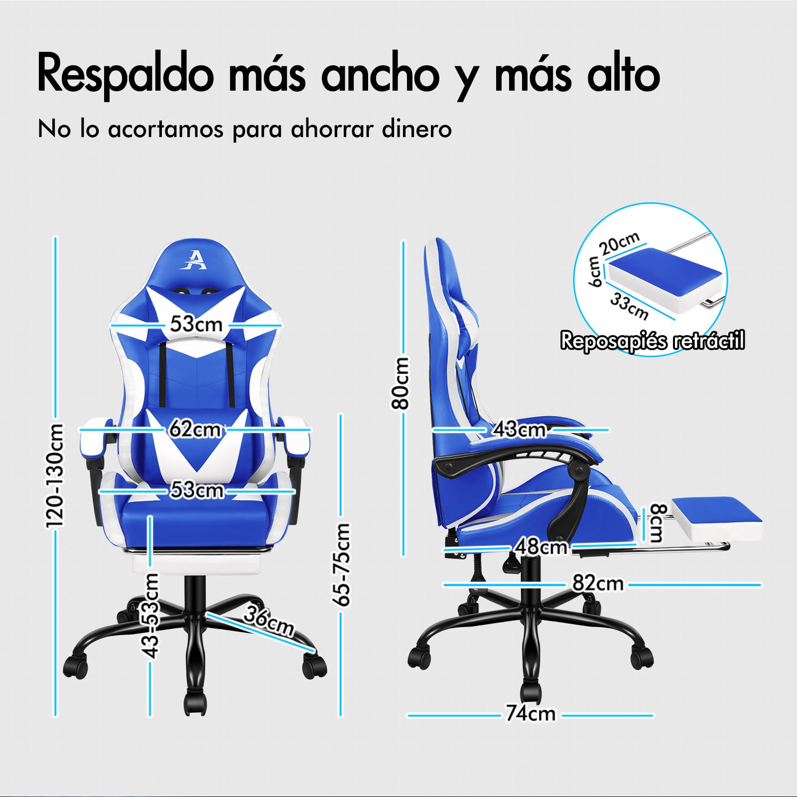 ALFORDSON Silla Gaming con masajeador y LED, Silla ejecutiva ergonómica de Oficina con reposapiés, Sillas Gamer para Oficina y Juegos con Iluminación RGB, Polipiel, Azul y Blanco