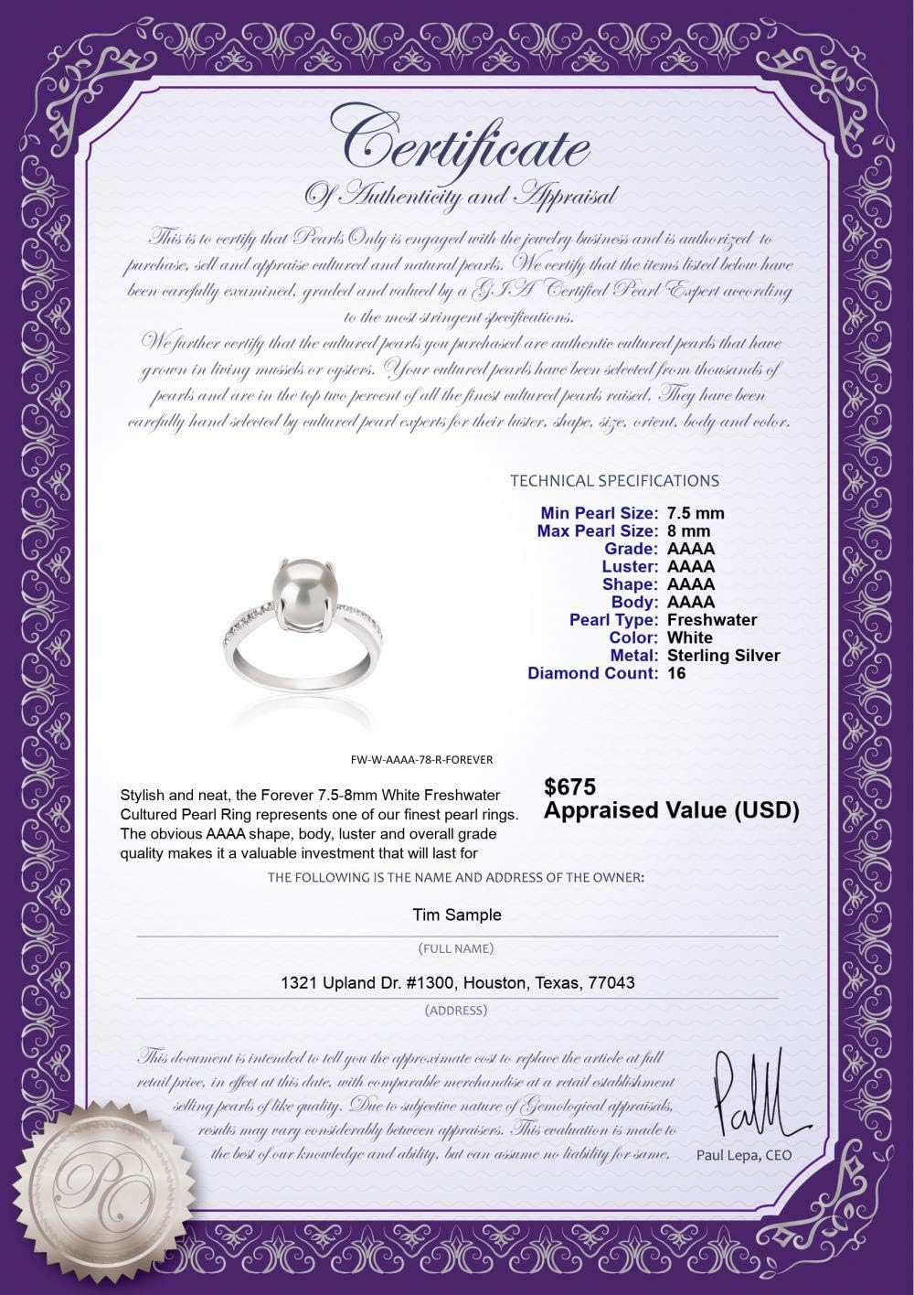 Forever White 7.5-8mm AAAA Quality Freshwater 925 Sterling Silver Cultured Pearl Ring For Women