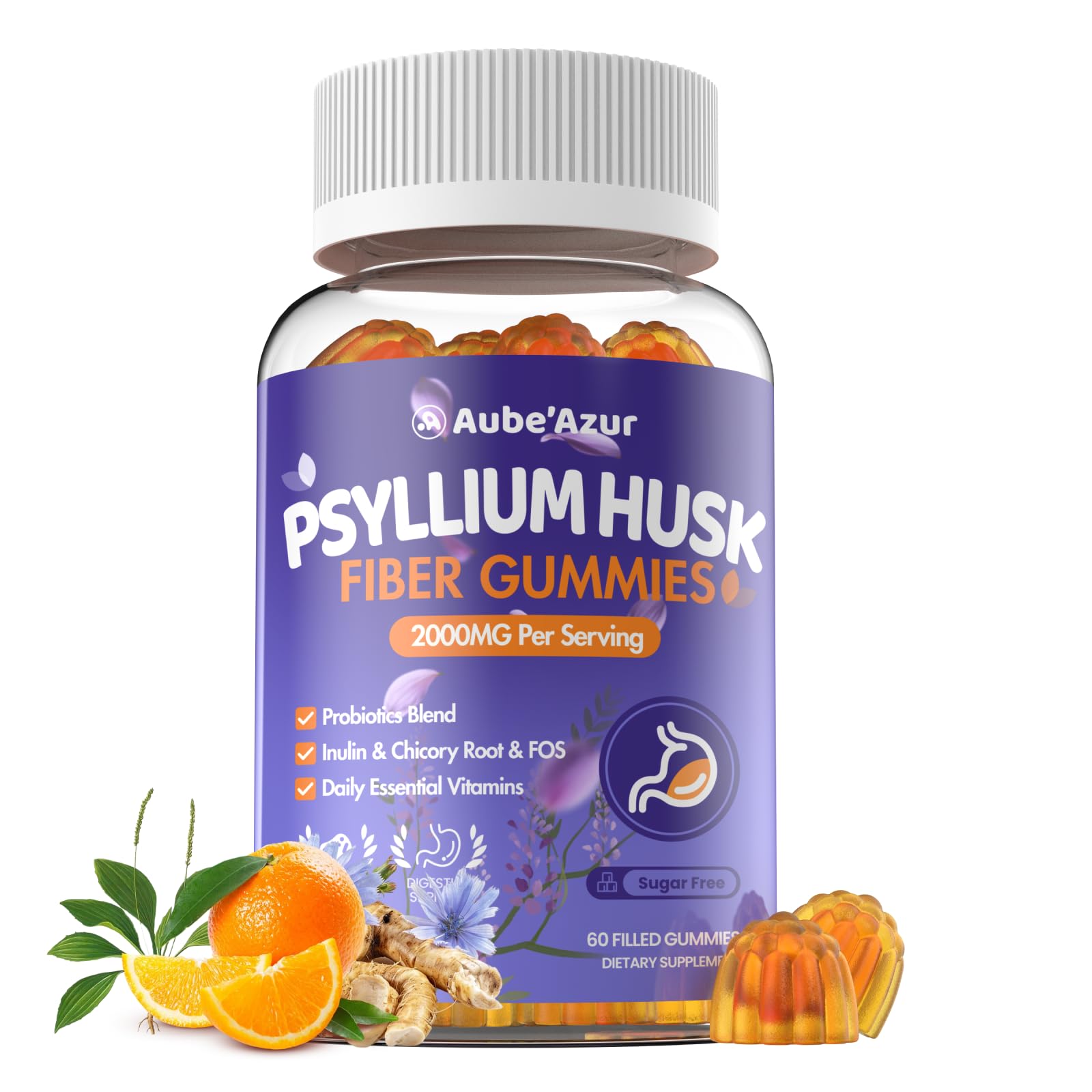 Psyllium Husk Fiber Gummies for Adults, 2000mg Organic Psyllium Husk, 60 Ct