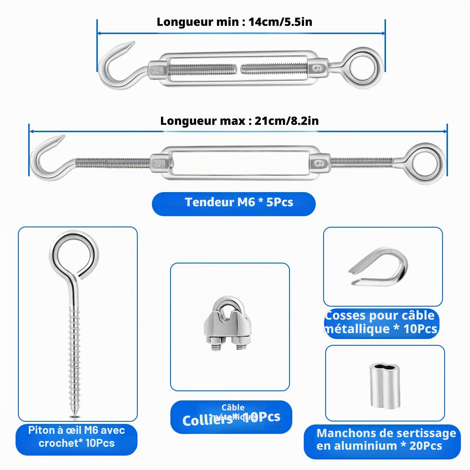 TooTaci Corde en Acier Inoxydable à Suspendre Kit,30M/3mm Câble en Acier Inoxydable avec Tendeurs,Kit de M6 Tendeurs Cable Inox 3mm pour Plantes Grimpante,Corde a linge,Rambarde,Lights Suspension