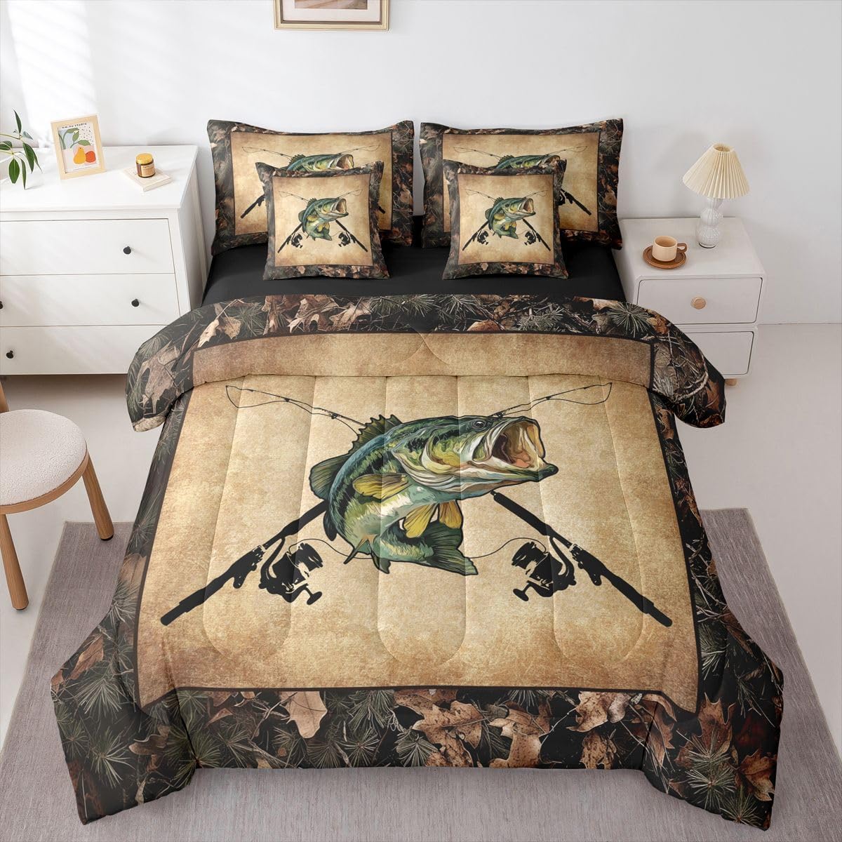 Erosebridal Camo Fishing Queen Bed in A Bag 7 Piece Bass Fish Fishing Rod Comforter Set with Sheets Rustic Pike Fish Bedding Sets for Kids Adults,Fisherman Bed Set