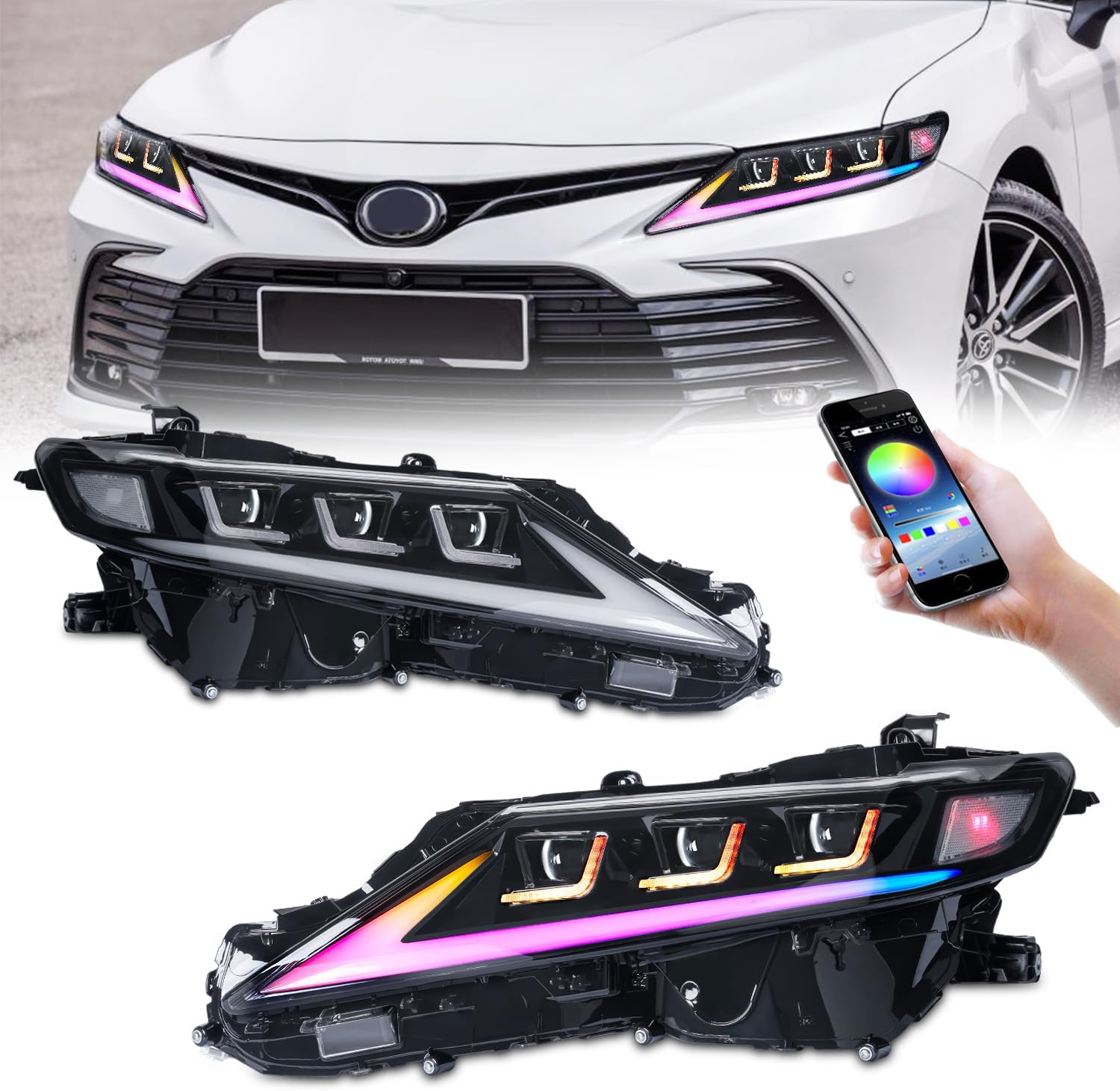 Archaic Headlights Assembly Compatible for Toyota Camry 2018-2023, Projector Front Lights with Sequential Turn Signal for 8th Gen Camry LE/SE/XLE/XSE/TRD, Plug & Play, Pair