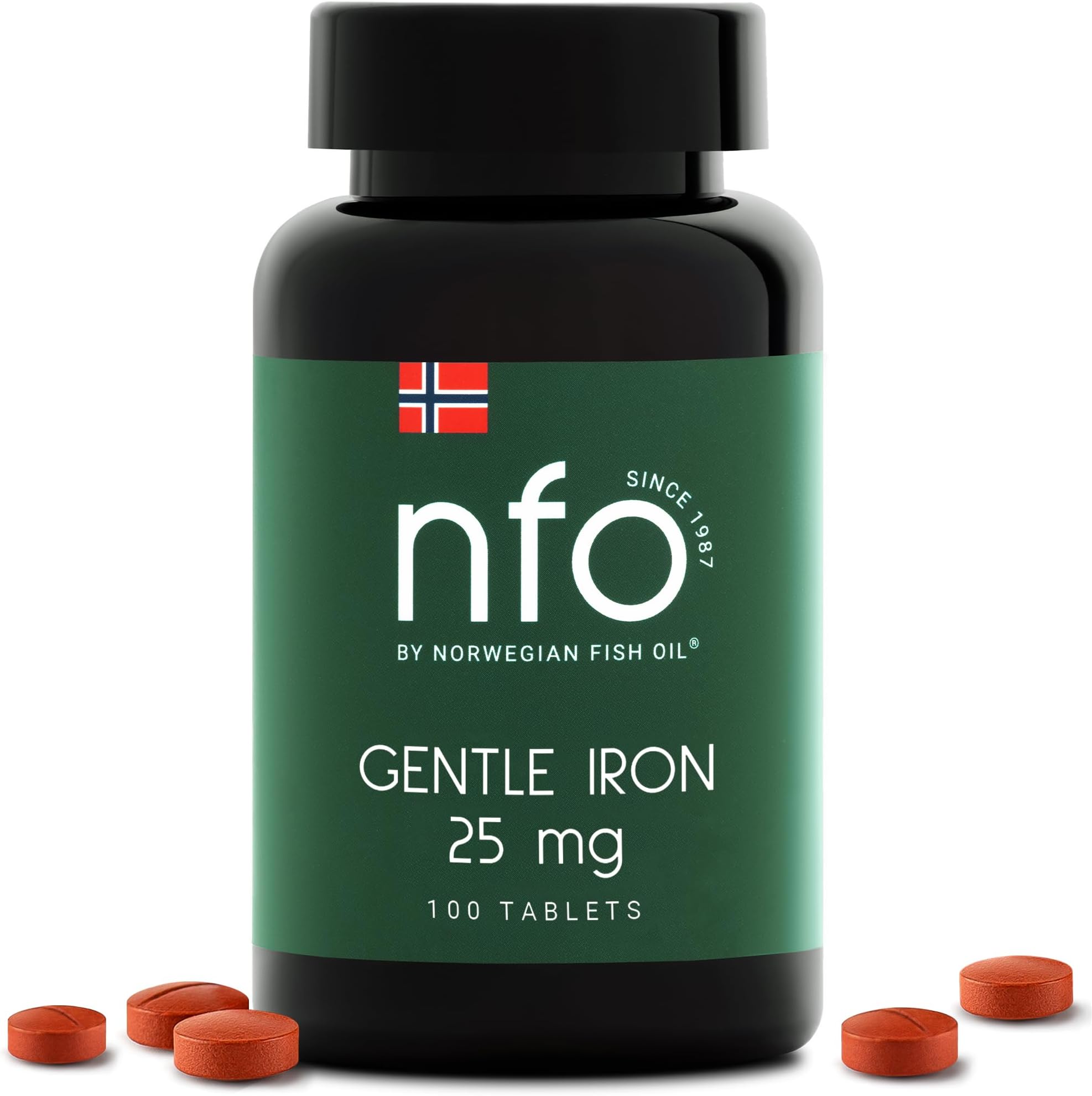 NFO GENTLE IRON [100 Tablets] Norwegian Natural High Dose Iron Complex With the patented Ferrochel formula the most bioavailable form against irondeficiency More efficient by 90% Suitable for Vegans