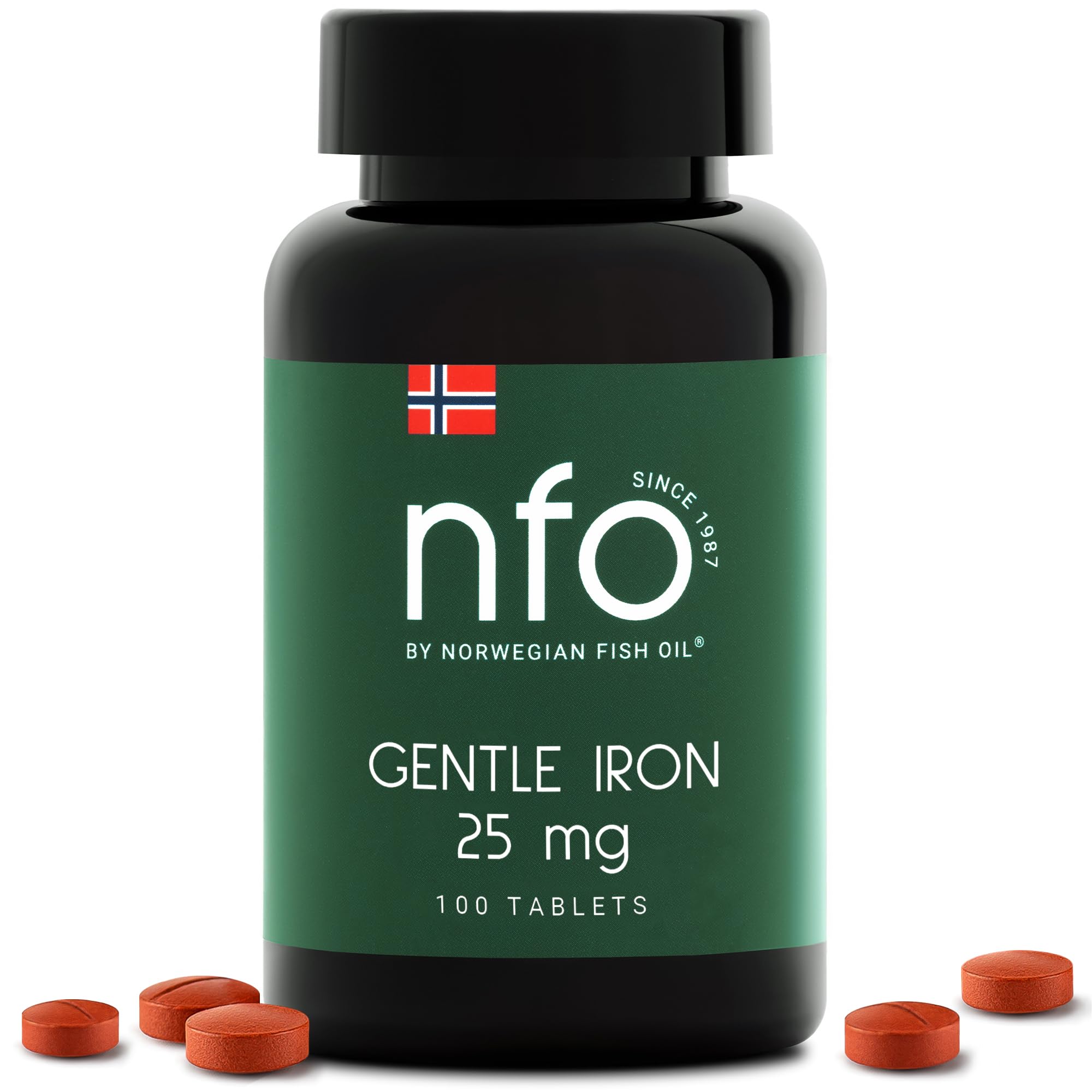 NFO GENTLE IRON [100 Tablets] Norwegian Natural High Dose Iron Complex With the patented Ferrochel formula the most bioavailable form against irondeficiency More efficient by 90% Suitable for Vegans