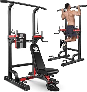 Pooboo Power Tower Dip Station Pull Up Bar for Fitness Home Gym Workout,Multi-Function Adjustable Height Fitness Strength Training Exercise Equipment,with Power Elastic Ropes