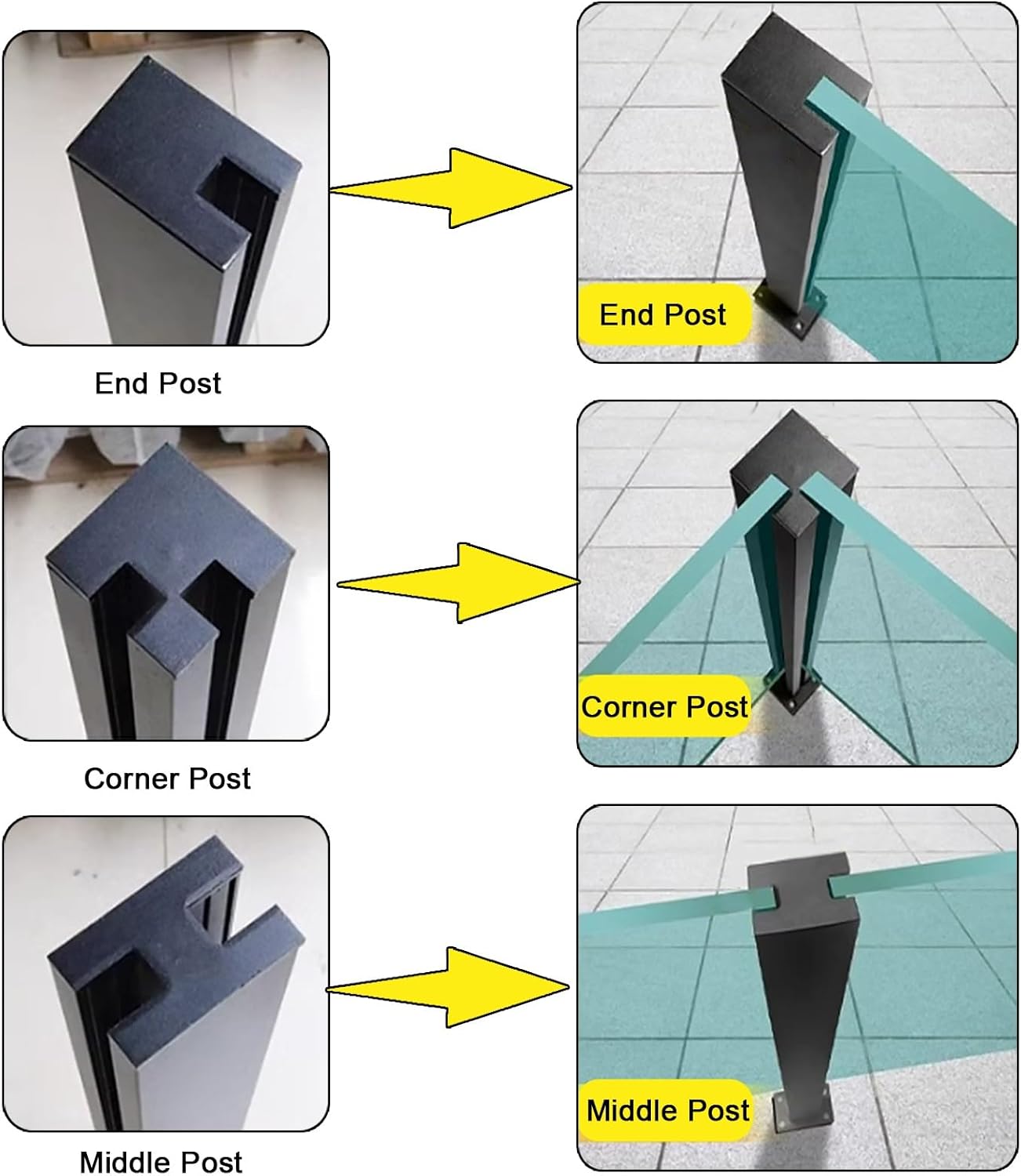 Matte Black Stainless Steel Glass Railing Posts - Windproof Outdoor Fencing for 3/8" or 1/2" Glass Panels, Floor Mount Balustrade for Yard, Balcony & Stairway
