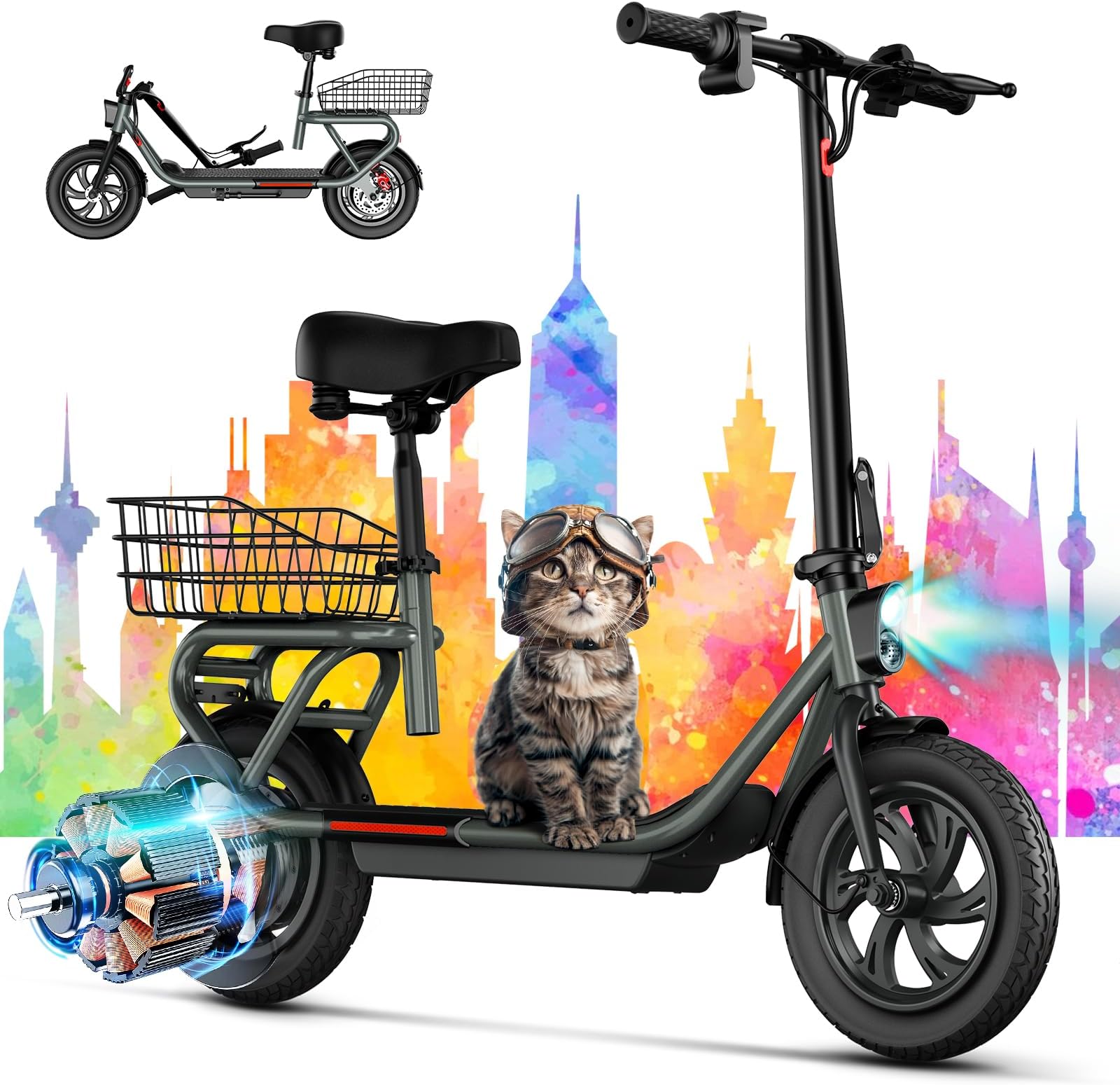 TST Electric Scooter with Seat, Max 20 Miles Range Foldable Electric Scooter Adults, Peak 650W Motor, 19MPH Max Speed, 12" Pneumatic Tire, E Scooter Commuter with Adjustable Seat and Basket