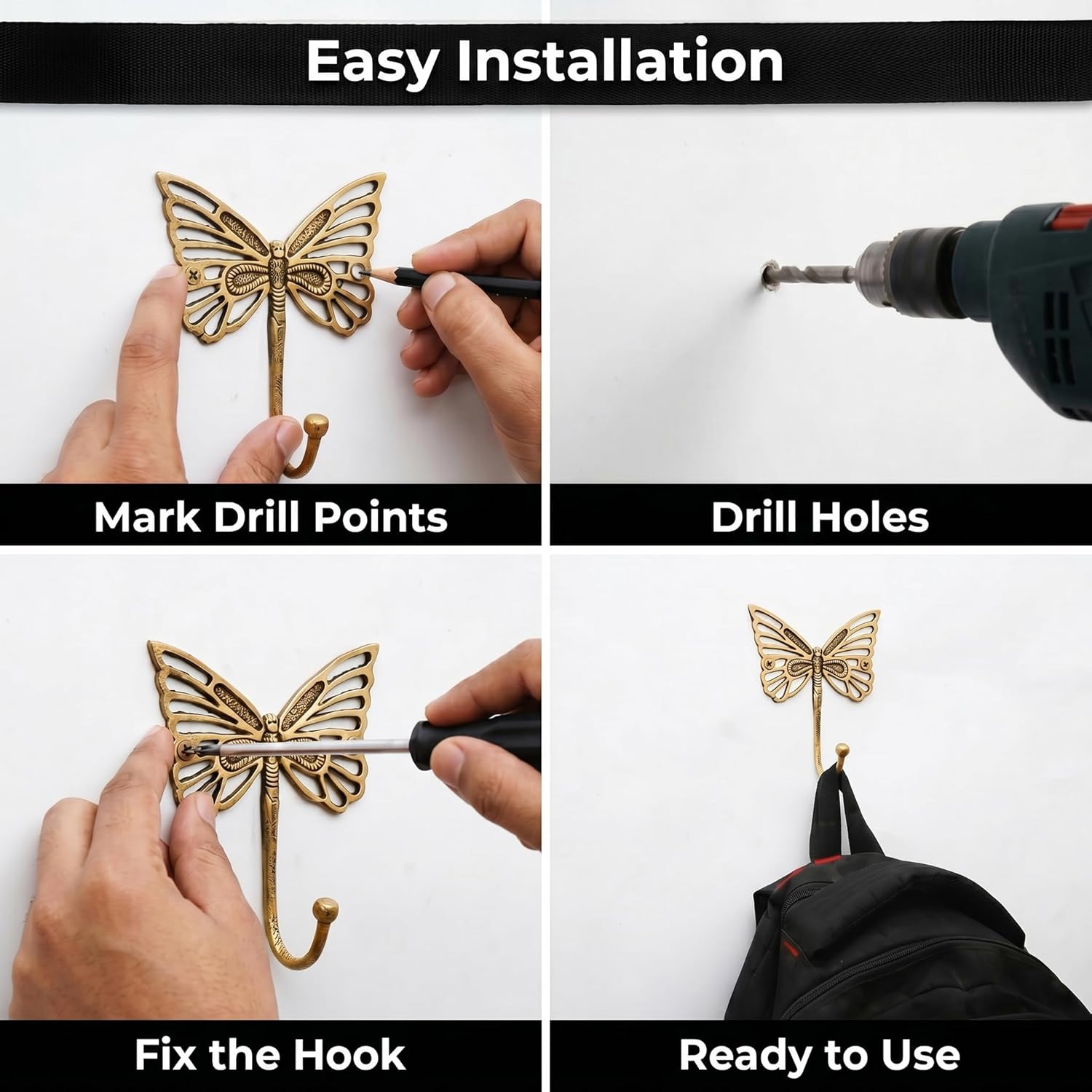 Indian Shelf 33 Lb. Solid Brass Butterfly Wall Hooks - Vintage Gold Decorative Hooks for Coats, Backpacks- Cute Heavy Duty Hangers for Kids Room, Entryway, Kitchen, Mudroom - Pack of 3