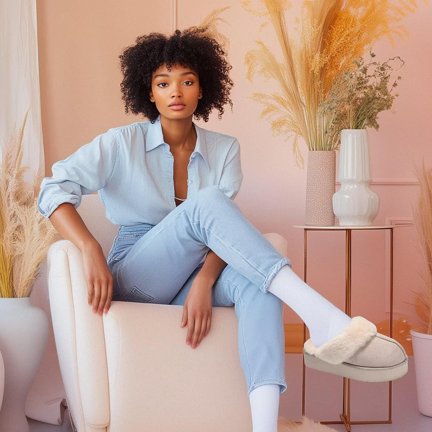 LBF Fuzzy Platform Slippers for Women Super Soft Fur Slippers Cozy Warm Slip On Slippers Indoor and Outdoor - Image 4