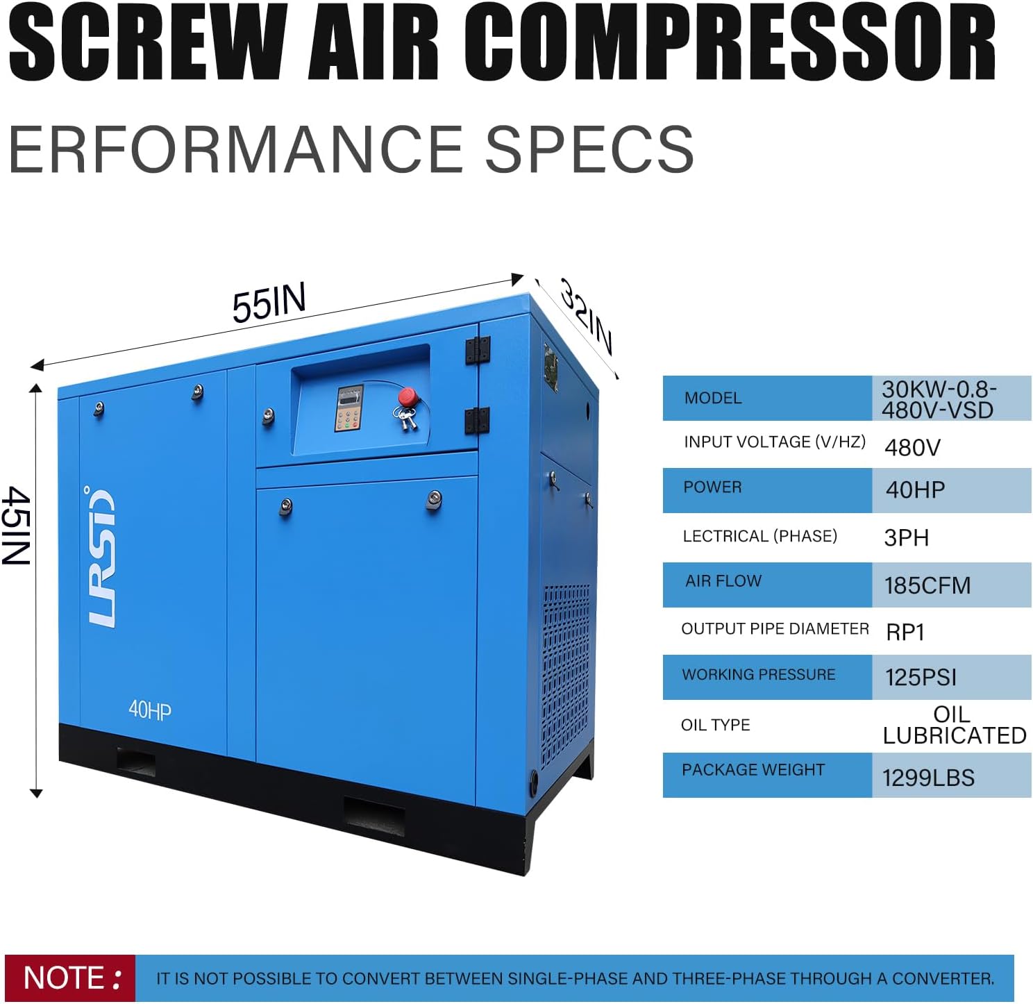40HP Industrial Rotary Screw Air Compressor, 30KW@480V/60Hz/3-Phase Variable Speed Frequency Rotary Air Compressor & 185CFM/125PSI Commercial Heavy Duty Air Compressed System