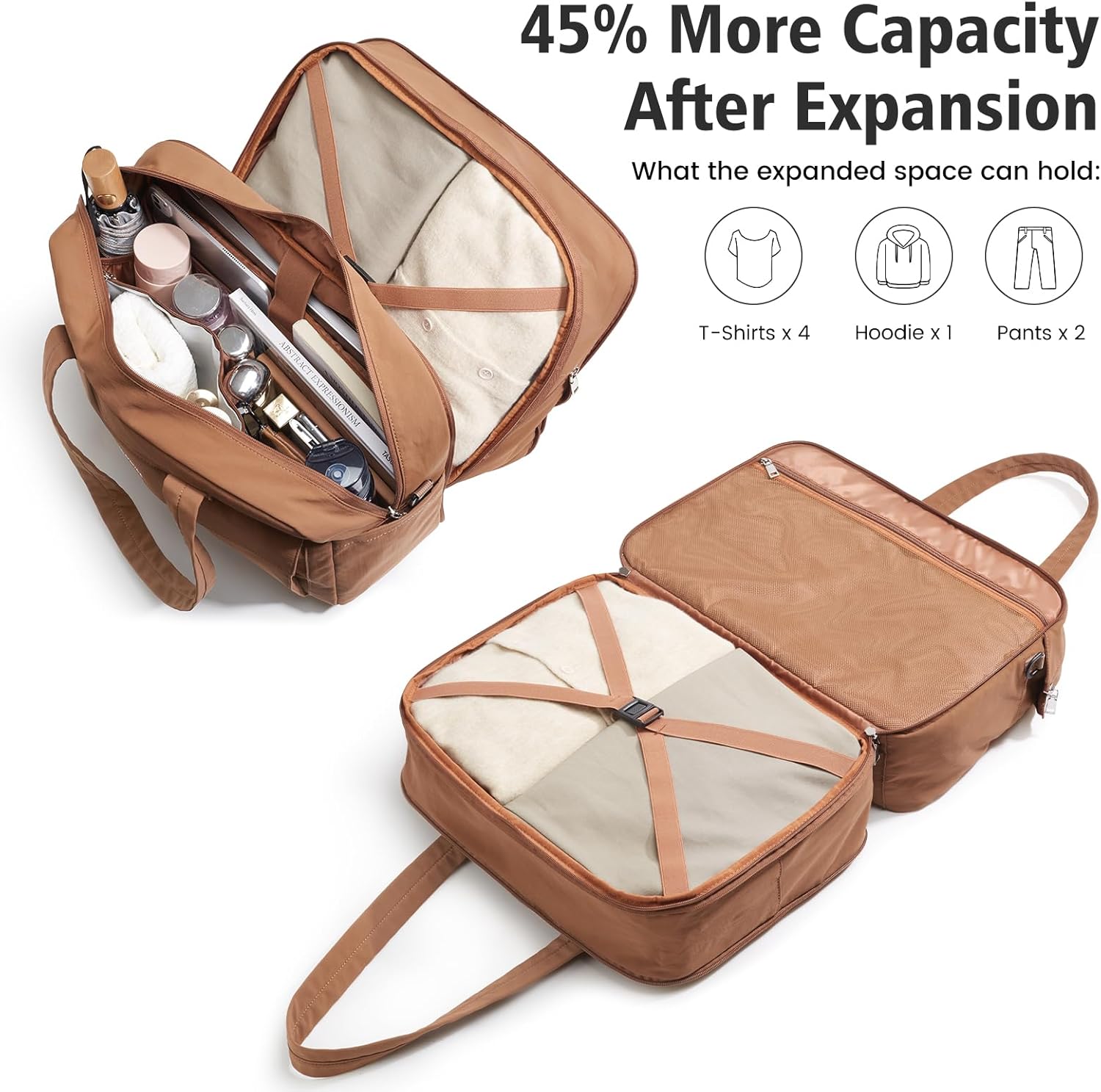 G4Free Expandable Duffle Bag for Travel, Carry On Bag TSA Airline Approved, Work Tote Duffel Bags for Men Women (Brown)