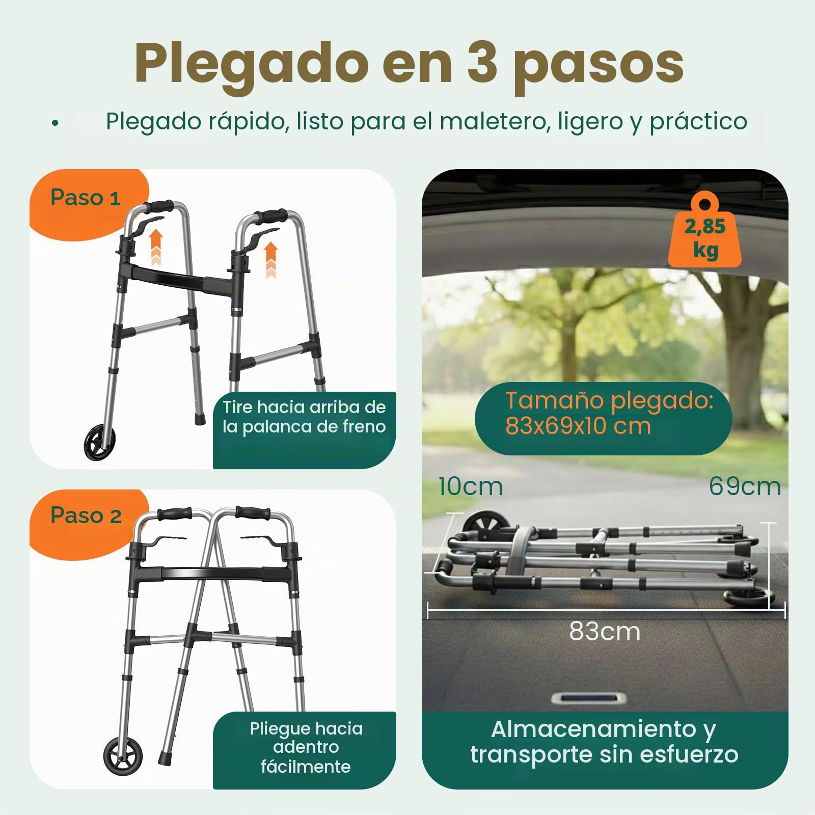 LW01 Andador Plegable con Ruedas para Mayores, Ayuda de Movilidad 2 en 1 con Conteras de Goma y Deslizadores, 8 Ajustes de Altura, Aluminio Ligero hasta 136 kg, Interior/Exterior