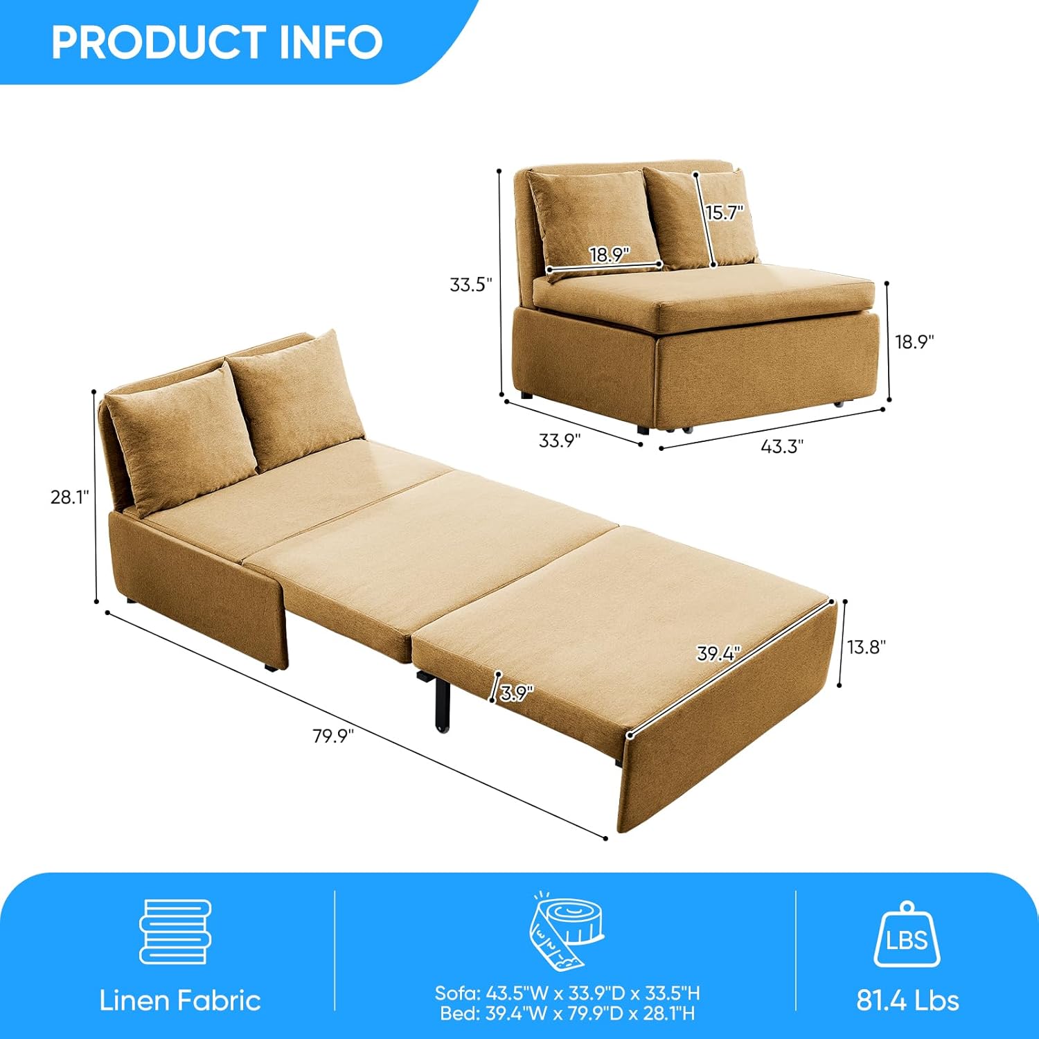 PUREMIND 43" Twin Pull Out Sofa Bed, Linen Convertible Couch Bed with Tri-Fold Hidden Mattress, No-Tool Assembly, Space Saving Sleeper Sofa for Guest Room Apartment Small Space, Yellow