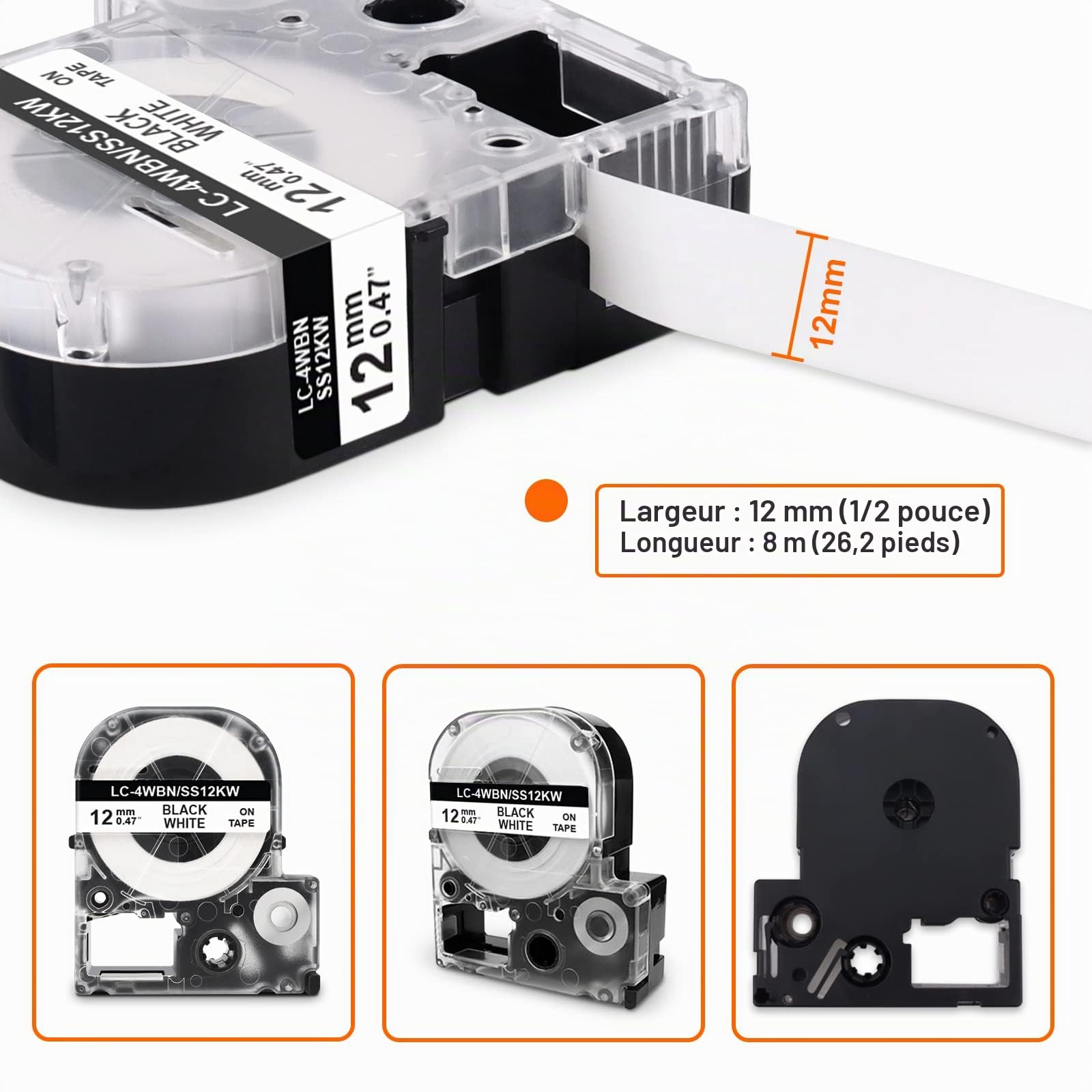 5x Labelwell 12mm LC-4WBN Noir sur Blanc Compatible Ruban Remplacement pour LC-4WBN9 SS12KW pour Étiqueteuse LabelWorks LW-300 LW-400 LW-500 LW-600P LW-700 LW-1000P King Jim TepraPro SR210 SR220