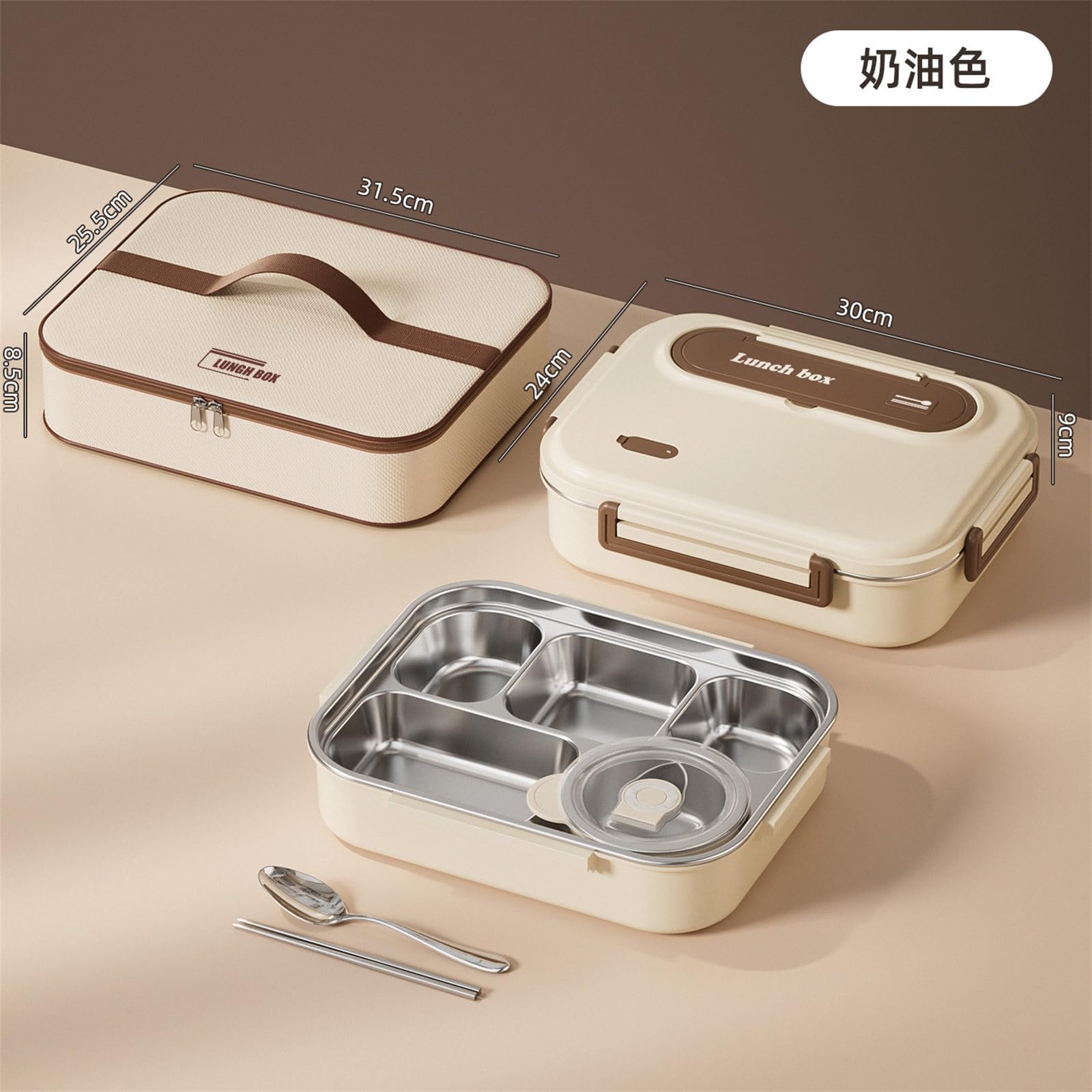 PANGBOER Térmica de Gran Capacidad con Tazón de Sopa y Cubiertos Contenedor de Alimentos de Doble Capa de Acero Inoxidable de 5 Compartimentos para Oficinas Escuela Picnic Caja de Preparación de