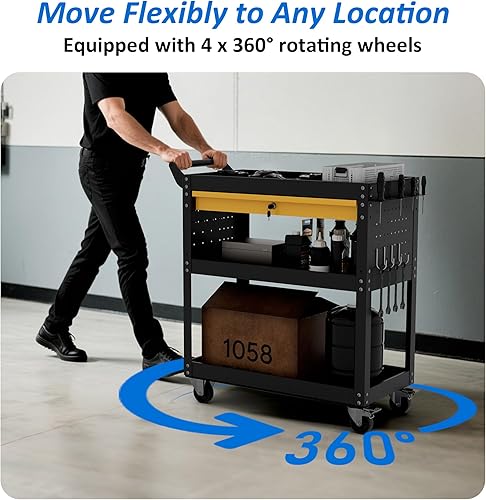 Miniatura 6 de Carrito de herramientas rodante de 3 niveles con ruedas con cajón y tablero de clavijas, capacidad de 420 libras, carrito organizador de