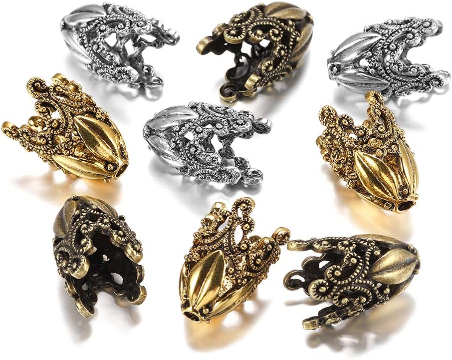2 Pcs/Set Gold Alloy Hollow Flower Beads Caps End Cap Connectors for Necklace Earrings DIY Jewelry Making Components Supplies (Antique Gold, 29 * 15.5mm)