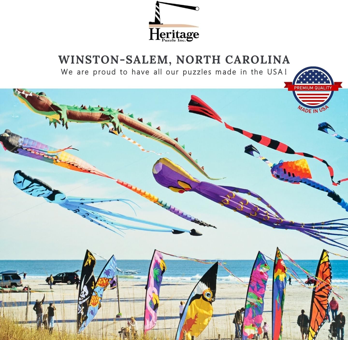 Heritage Puzzle - Blowing in the Wind by Peter Doran 550 Piece Puzzles for Adults - Scenic Coastal Beach Scene Featuring Colorful Kites - Frameable Jigsaw Puzzle 18" x 24" Finished Size
