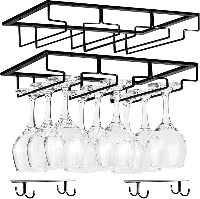 4pcs Wine Glass Rack Under Cabinet, Hanging Wine Glasses Holder Stemware Rack, 3 Rows Black Metal Wine Glasses Hanger with Mugs Holder for Kitchen Bar Pub Living Room