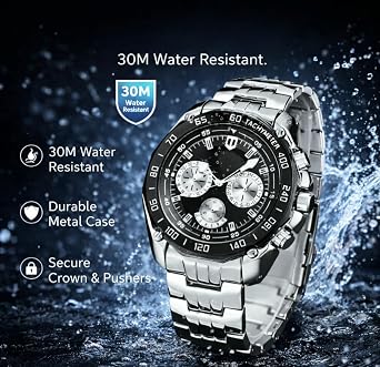 Men's Chronograph Watch, Black Dial, Silver Stainless Steel Band, Tachymeter Bezel, Butterfly Clasp, 45mm Case, Water Resistant, Analog Display, Luxury Business Sport Wristwatch