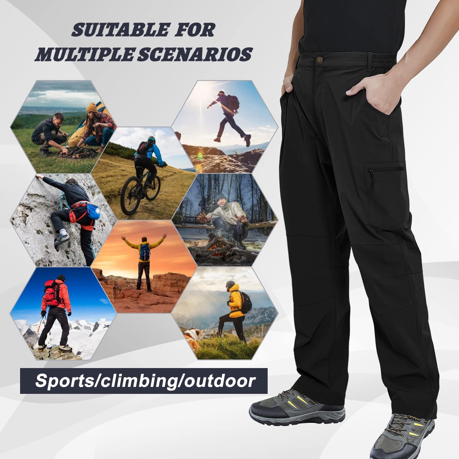 FEIXIANG Pantaloni da trekking per uomo, pantaloni tattici impermeabili ad asciugatura rapida, pantaloni da lavoro multi-tasca, colore nero grande