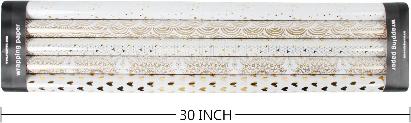 RUSPEPA Wrapping Paper Roll - White and Gold Foil Pattern for Wedding,Birthdays, Valentines, Christmas - 5 Roll - 30 inches X 10 feet Per Roll