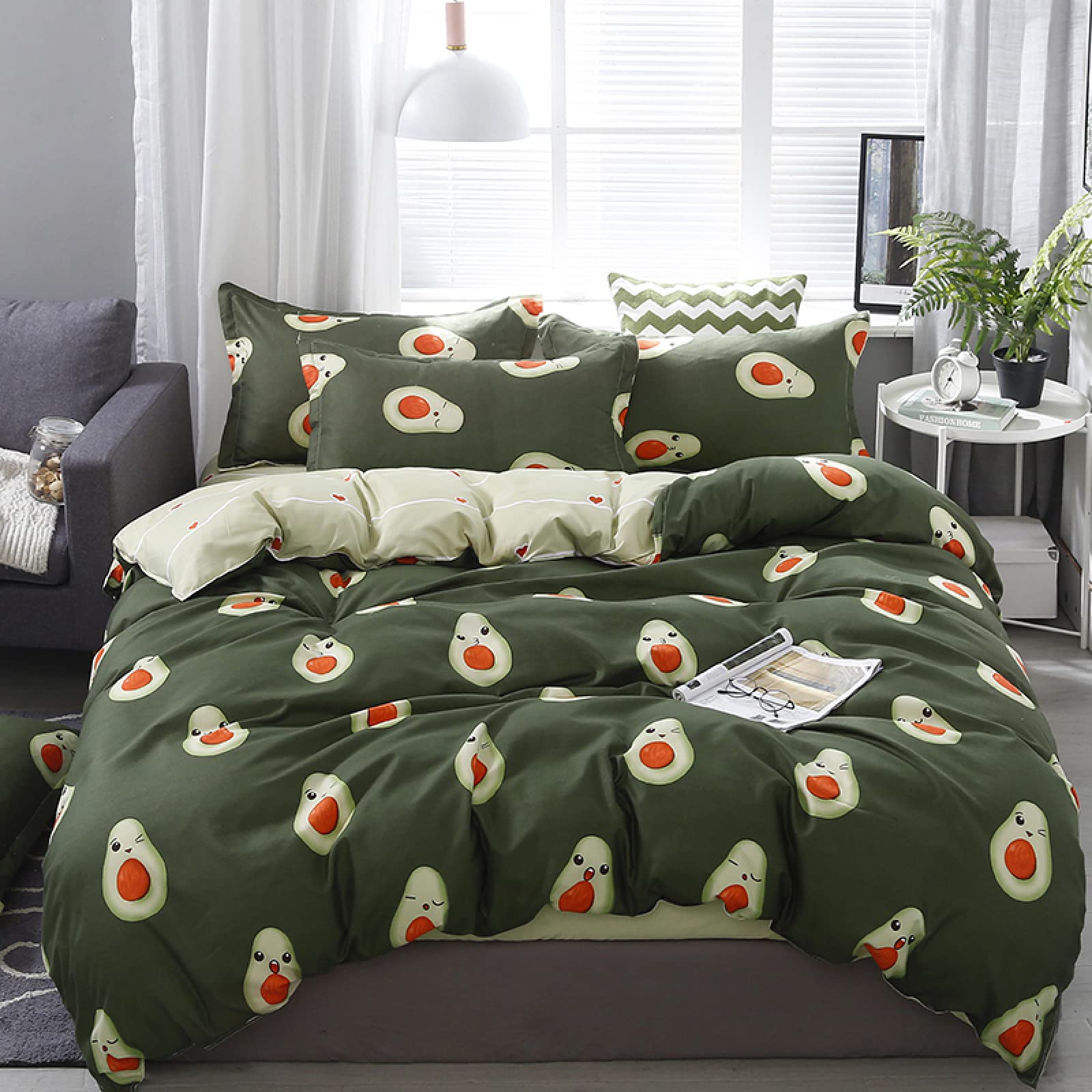 Housse de couette 140x200 avocat vert foncé en microfibre avec 2 taies d'oreiller