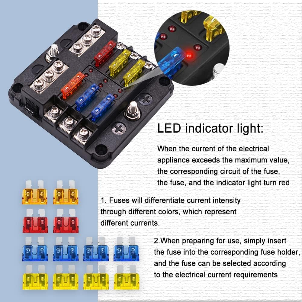 12V Fuse Block, Waterproof 6 Way Fuse Box with LED Indicator for 12V/24V Automotive Golf Cart Truck Car Boat Marine RV Motorcycle