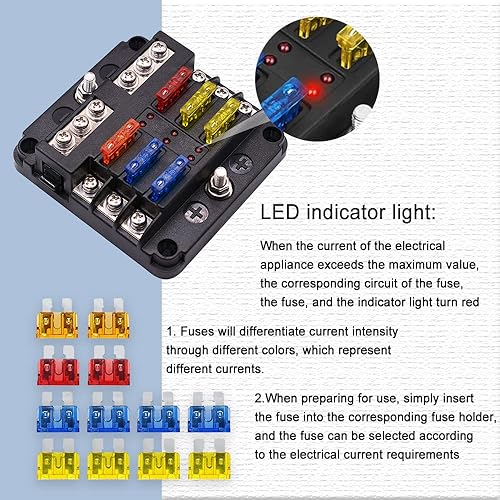 Miniatura 5 de deemars Bloque de fusibles de 12 V, caja de fusibles impermeable de 6 vías con indicador LED para carro de golf automotriz de 12 V24 V, camión,