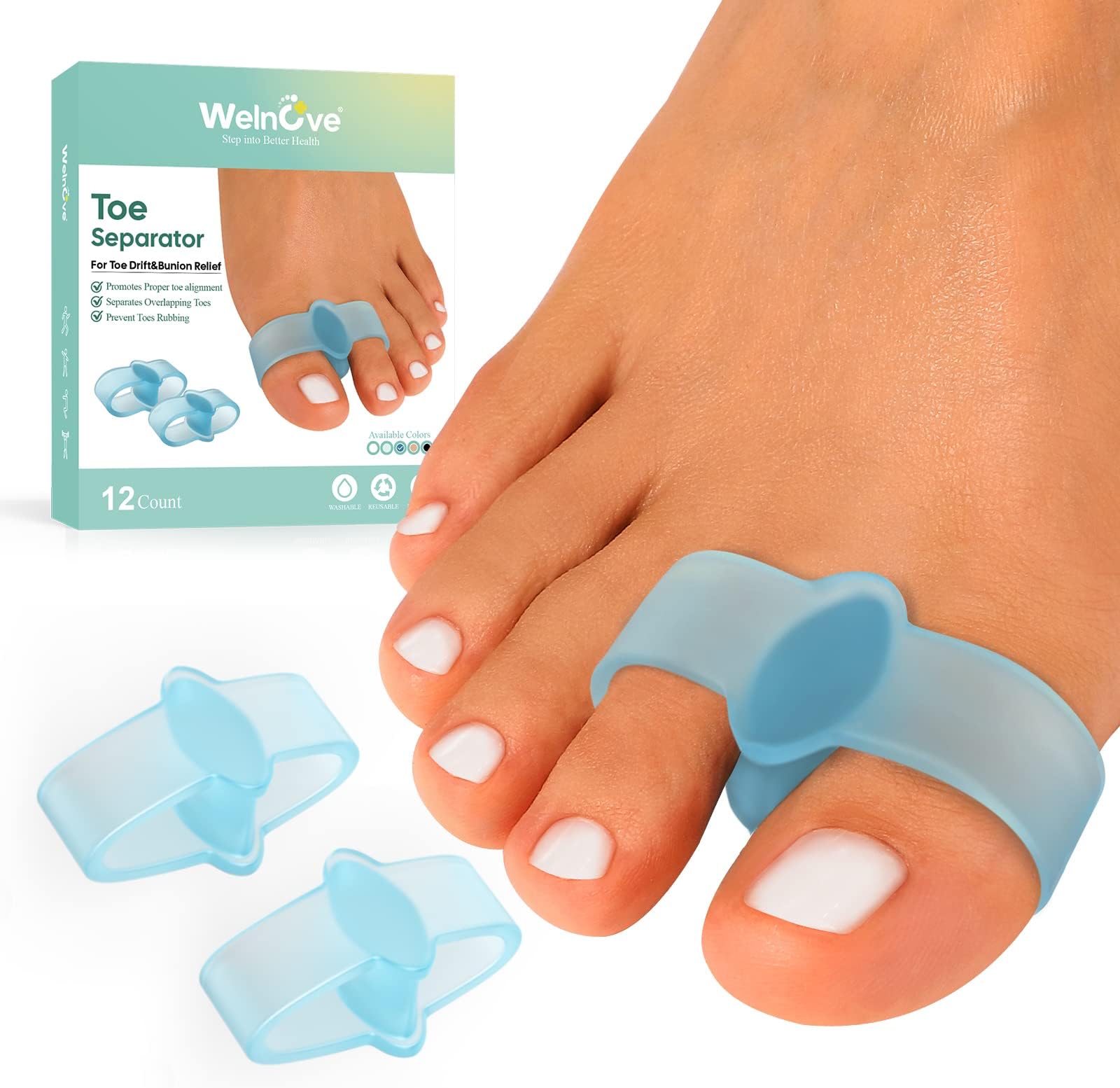 Welnove Pack of 12 Bunion Corrector, Toe Separators with 2 Loops, Big Toe Space Suitable for Bunion and Overlap Toe (Blue)