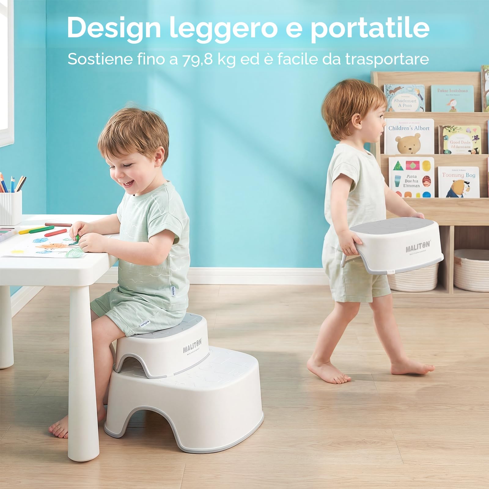 Maliton Riduttore WC Bambini, Design anatomico, Imbottitura morbida rimovibile, Sedile per Vasino con Sgabello (Un Vasino+Due Sgabelli per Bambini), Grigio