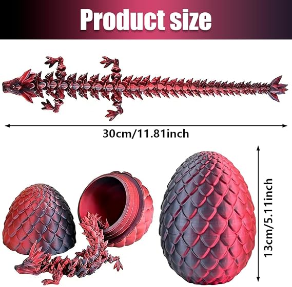 3D Printed Dragon in Egg, 3D Printed Dragon Large, 30cm Oscillatory Joint Dragon Fun Stress-Reliever Decoration Office Desk Birthday Gifts Car Interior Decoration（Laser Black Red）