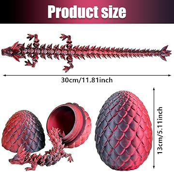 3D Printed Dragon in Egg, 3D Printed Dragon Large, 30cm Oscillatory Joint Dragon Fun Stress-Reliever Decoration Office Desk Birthday Gifts Car Interior Decoration(Laser Black Red)