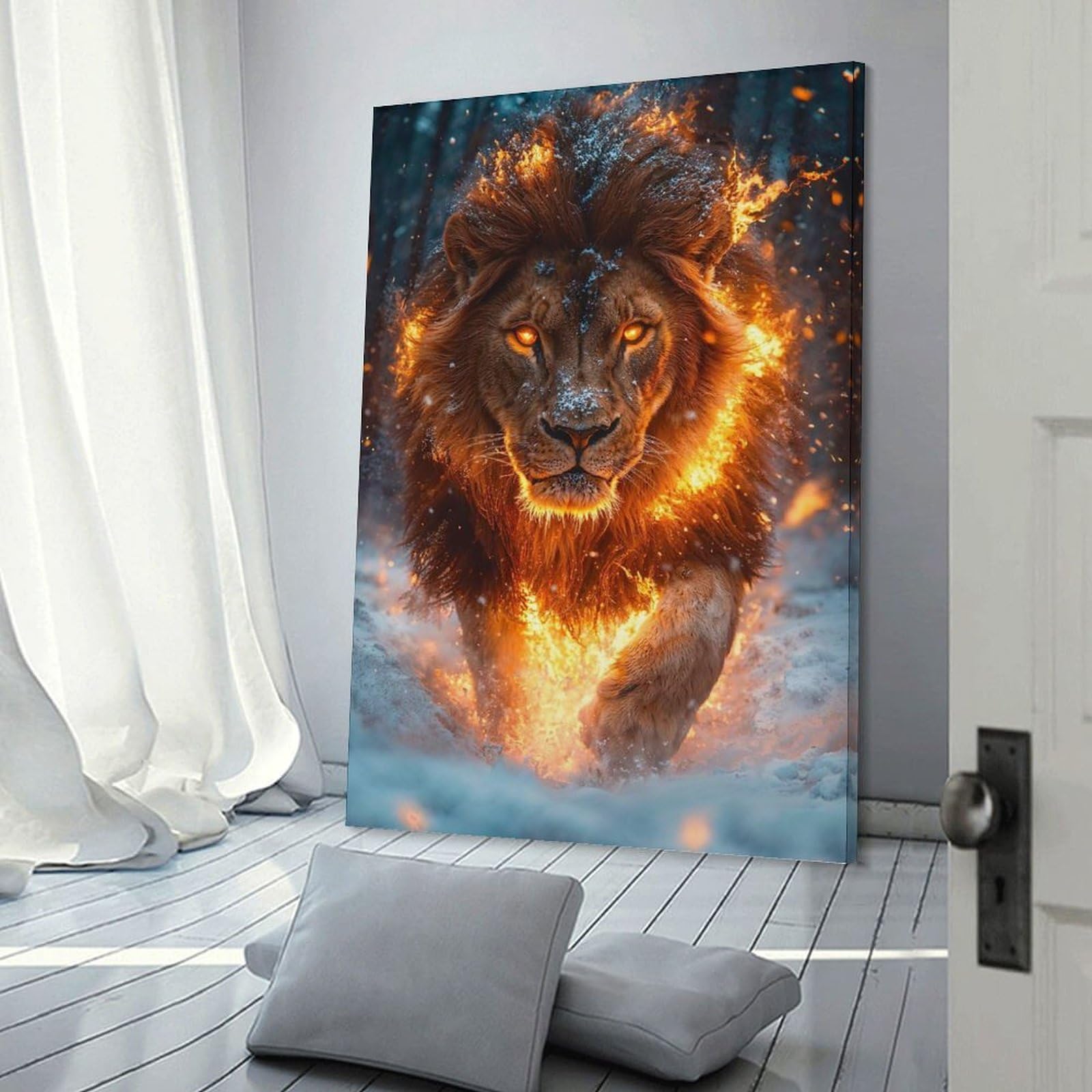 Junmoney Fiery Lion in Winter Hanging Wall Art 24x36inch(60x90cm), for Study, Office Or Focused Interiors, Wall Art That Adds Style to Work Areas