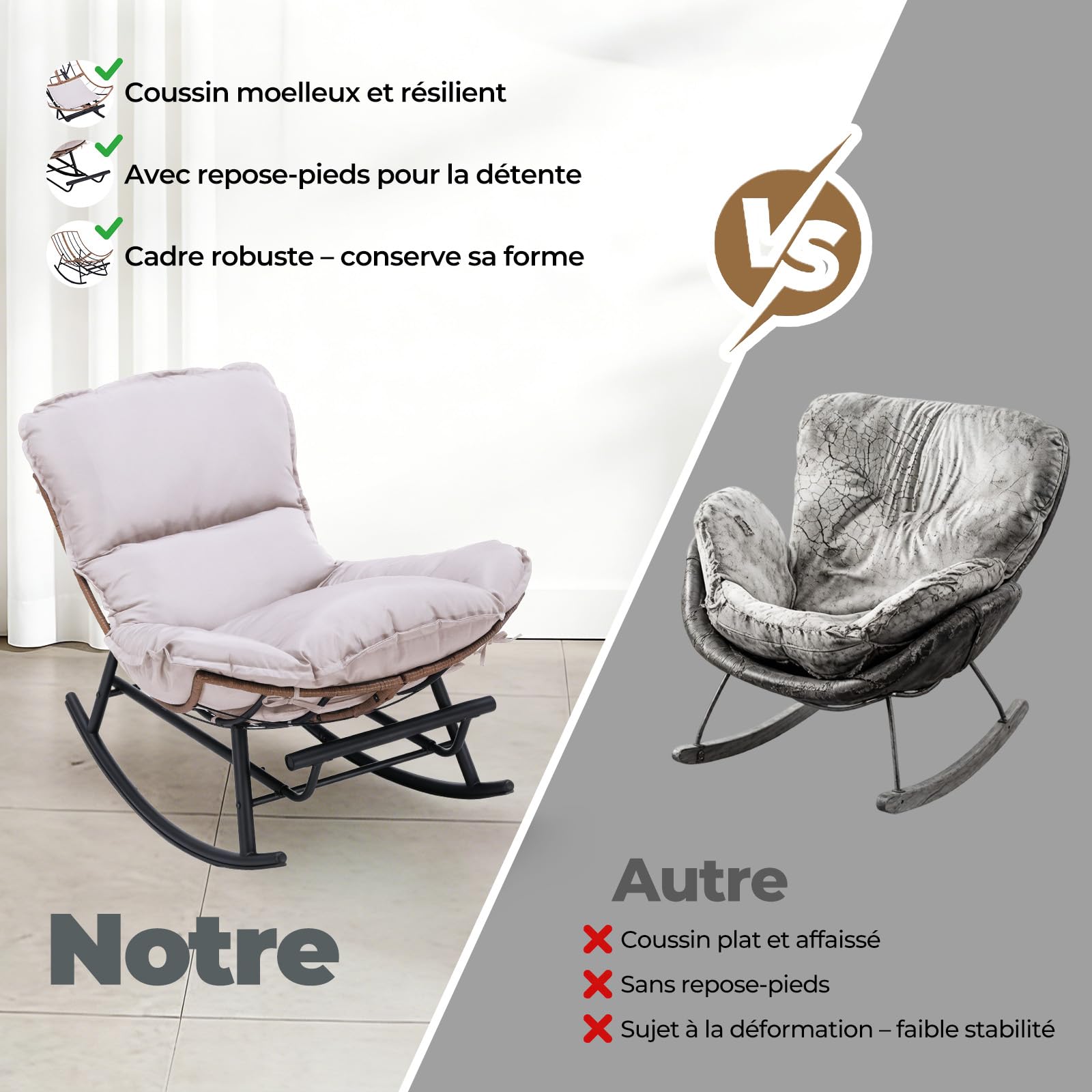 COMHOMA Fauteuil à Bascule, Fauteuil de Relaxation, Structure en Acier, Repose-Pieds Extensible, Coussin Amovible, Charge maximale : 136 kg, pour Chambre à Coucher, Salon, terrasse, Jardin, Beige
