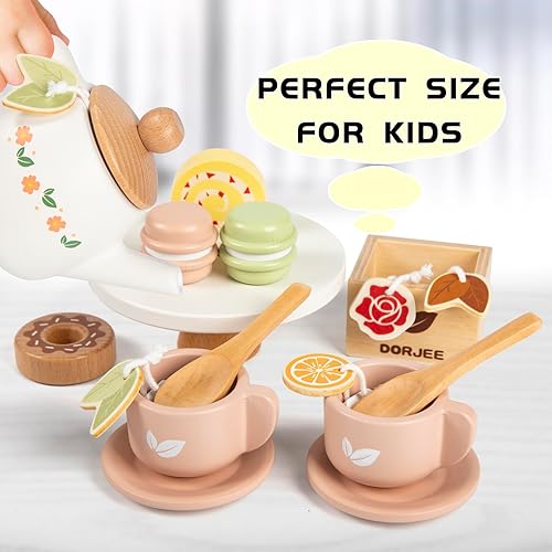 Miniatura 3 de Dorjee Juego de té de madera para niñas pequeñas, juego de fiesta de té para niños, juego de té para niños pequeños, accesorios de cocina, regalo