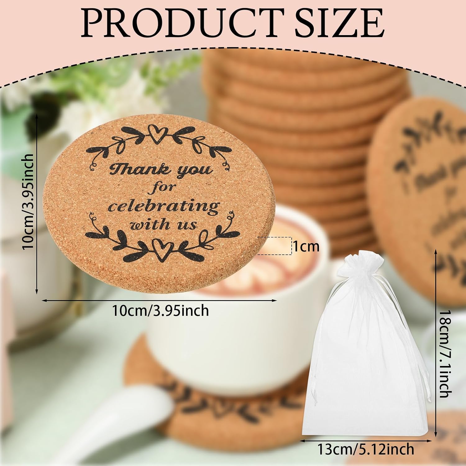 Maxcheck 36 Set Thick Cork Coasters Wedding Favors, 4 Inch Reusable Round Cork Coaster for Drinks with Organza Bags Gifts Souvenirs for Wedding Bridal Baby Shower Birthday Party