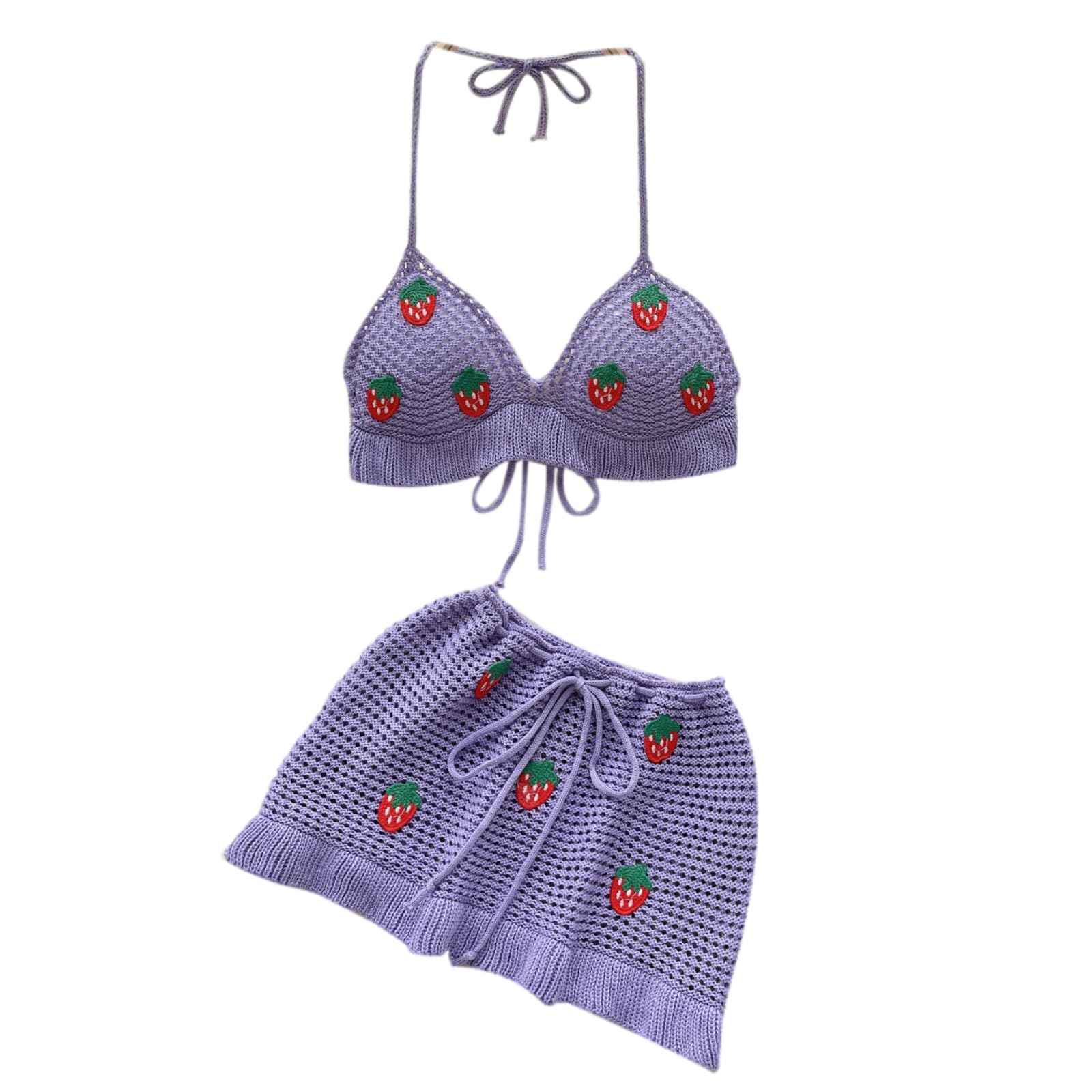 Jilneed Women Crochet Knitted Two Piece Outfit Hollow Out Bikini Halter Top and Mini Skirt Swimsuit Beach Cover Up Set: One Size Purple