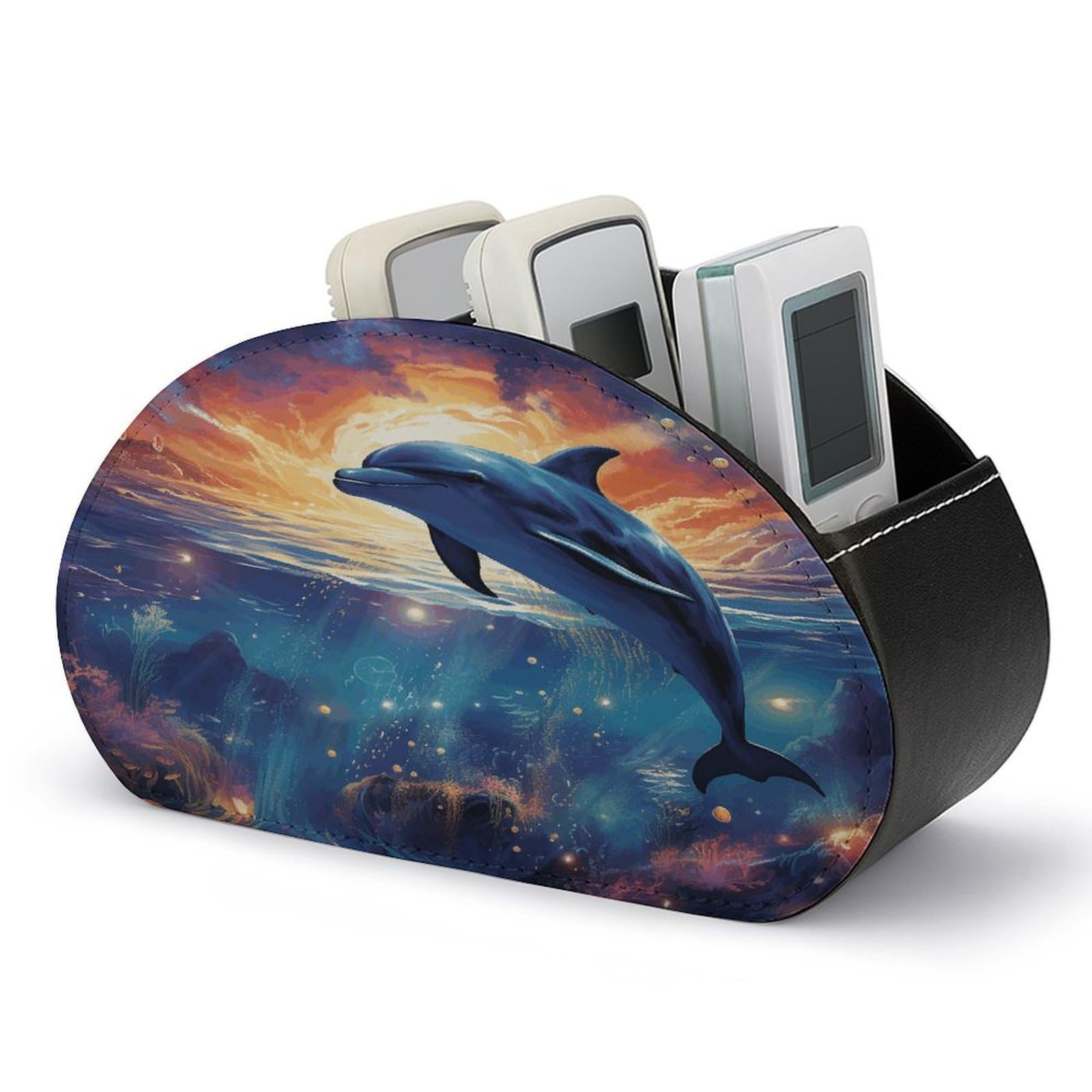 VstaDank Colorful Starry Sky Ocean Dolphin Remote Control Holder Farmhouse TV Media Remote Storage Box with 5 Compartments PU Leather Remote Caddy Desktop Organizer for Home Bedside Table Organizer