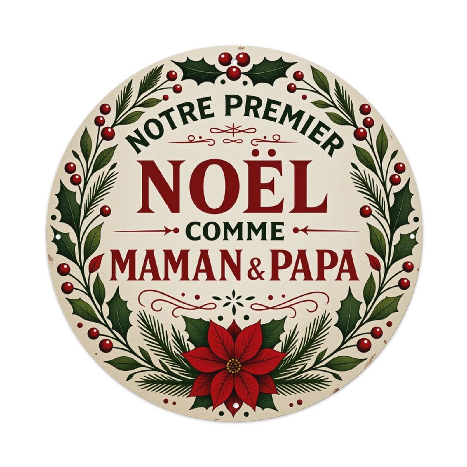 Christmas Wreath Poinsettia Berries Leaves Round Tin Sign Vintage Metal Poster Retro Bar, Home, Man Cave, Kitchen, Laundry Room Wall Art Decor Gift 8x8Inch