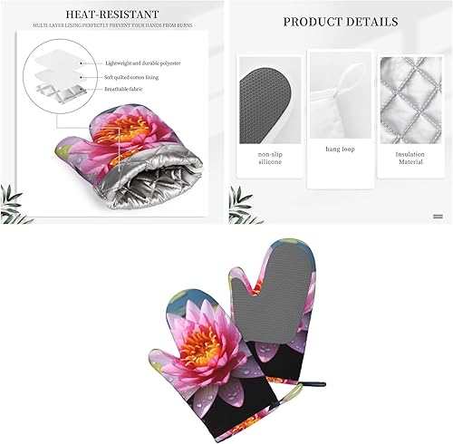 Miniatura 3 de Guantes de horno de silicona con estampado de flores de loto, resistentes al calor hasta 500 F, soporte para ollas para cocinar
